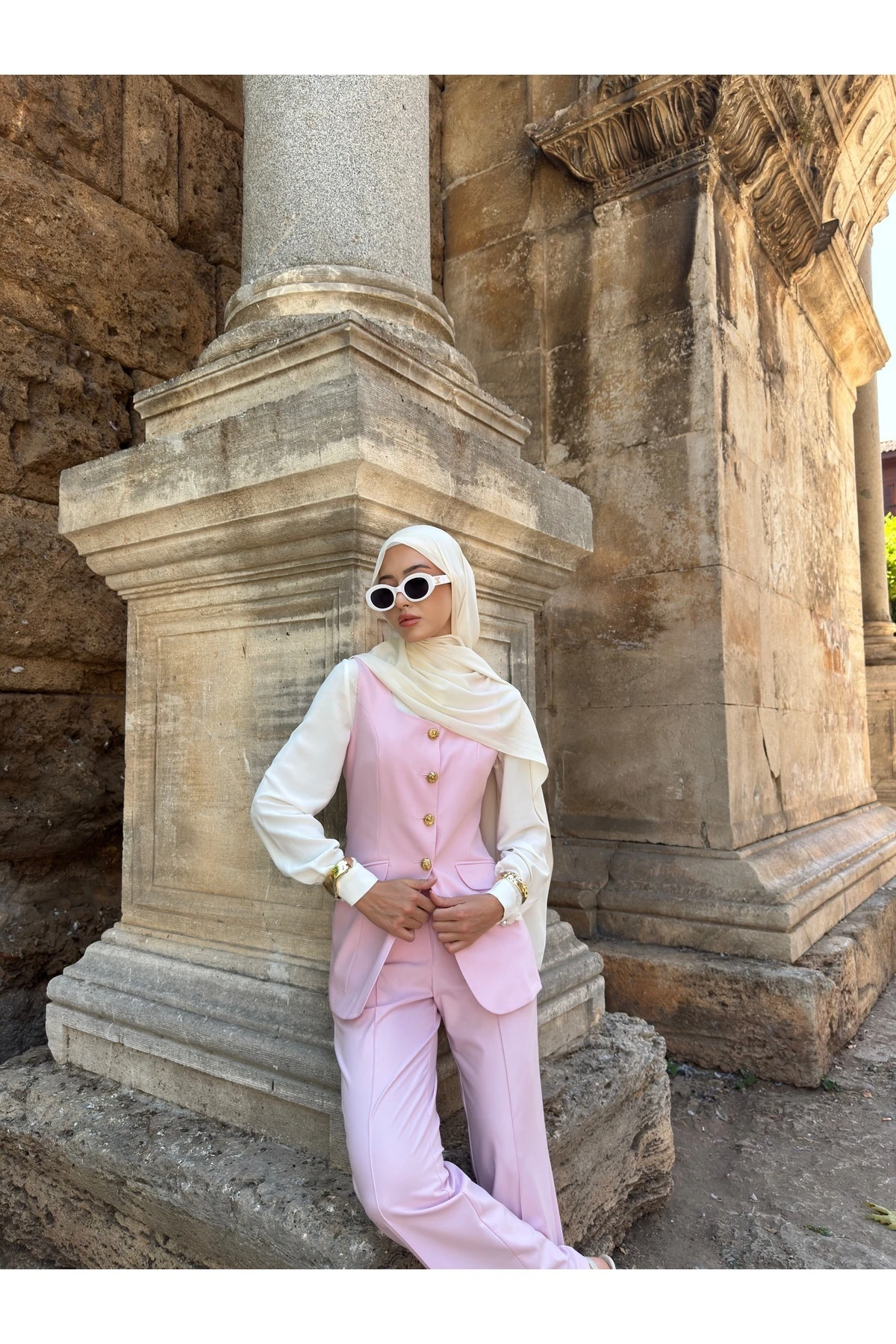 Metal Düğmeli Yelek İkili Takım - pembe