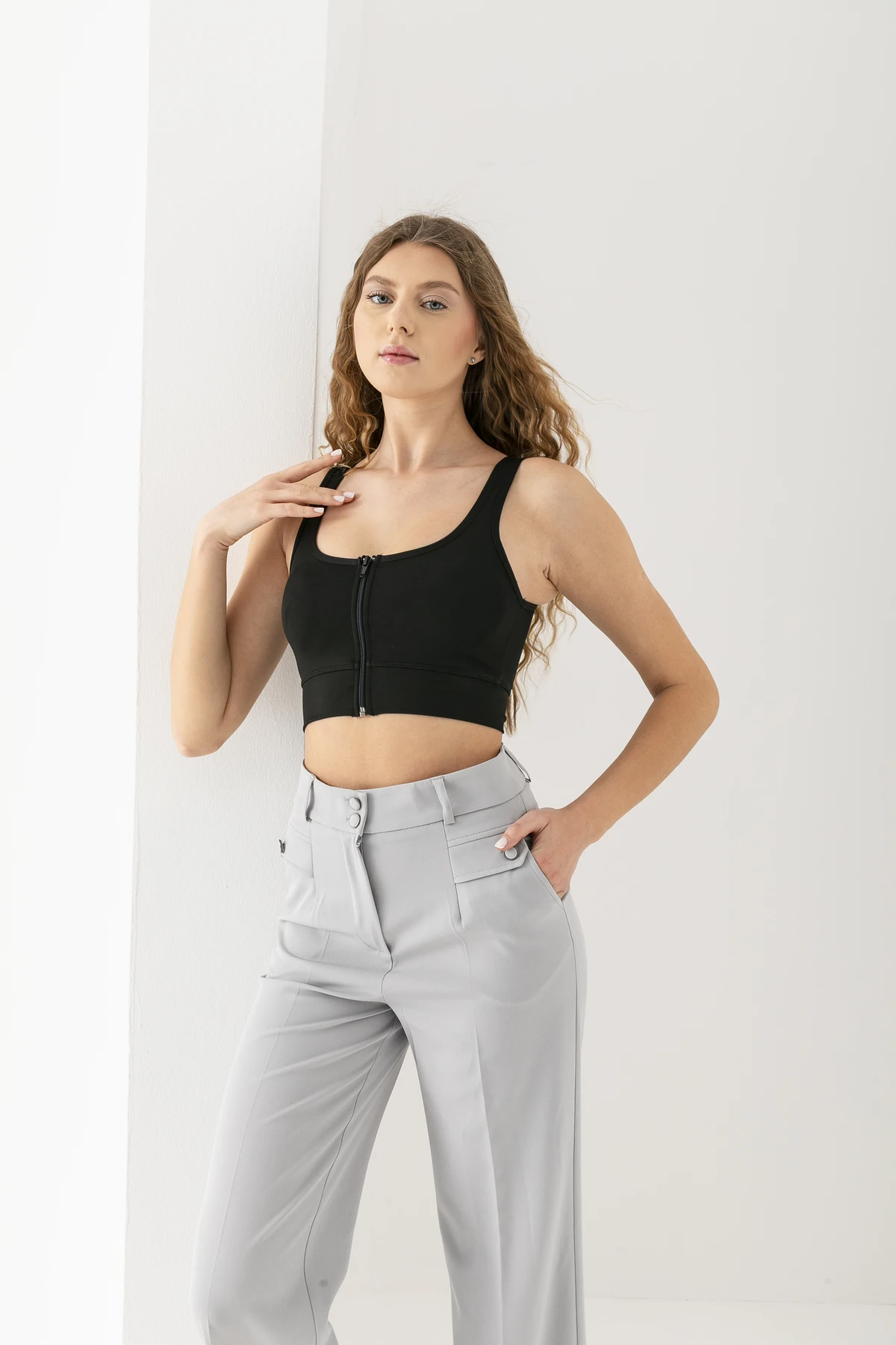 Dalgıç Fermuarlı Pedli Büstiyer Crop