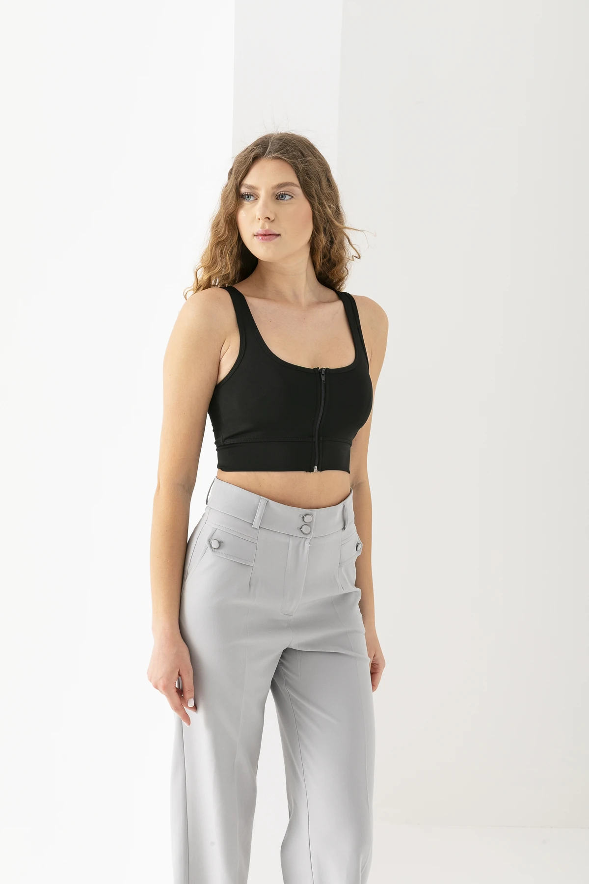 Dalgıç Fermuarlı Pedli Büstiyer Crop