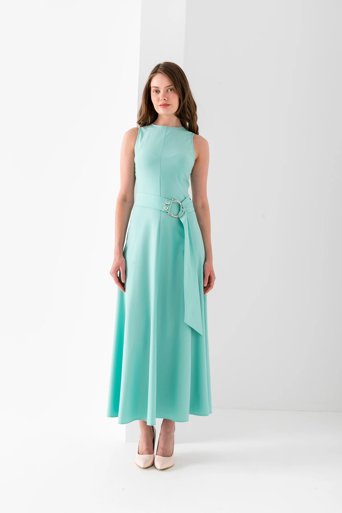 Kolsuz Uzun Kuşaklı Elbise Poliviskon - turkuaz