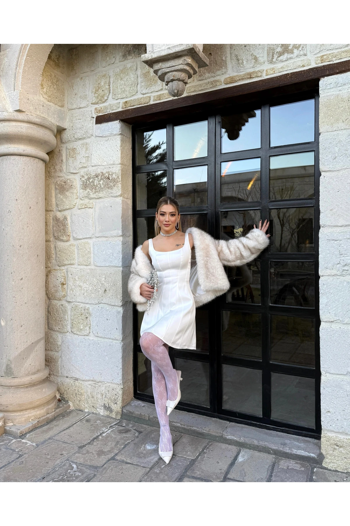 Saten Kısa Elbise - ekru