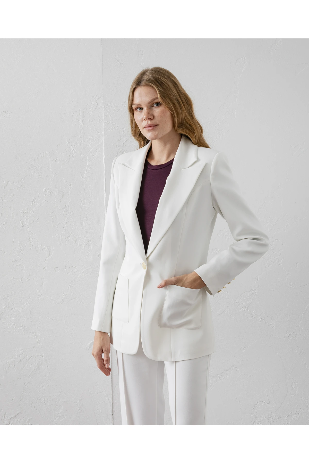 Çift Cepli Poliviskon Blazer Ceket - beyaz