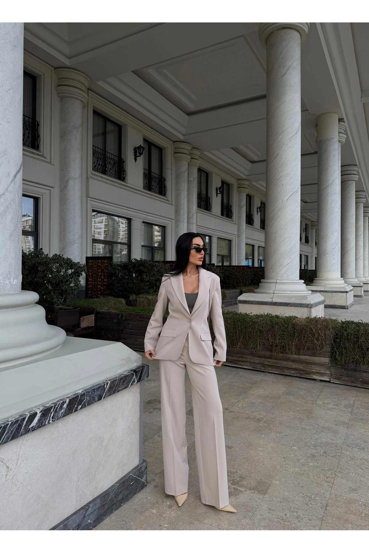 Blazer Takım Elbise Tek Düğme Ceket Kemerli Pantalon