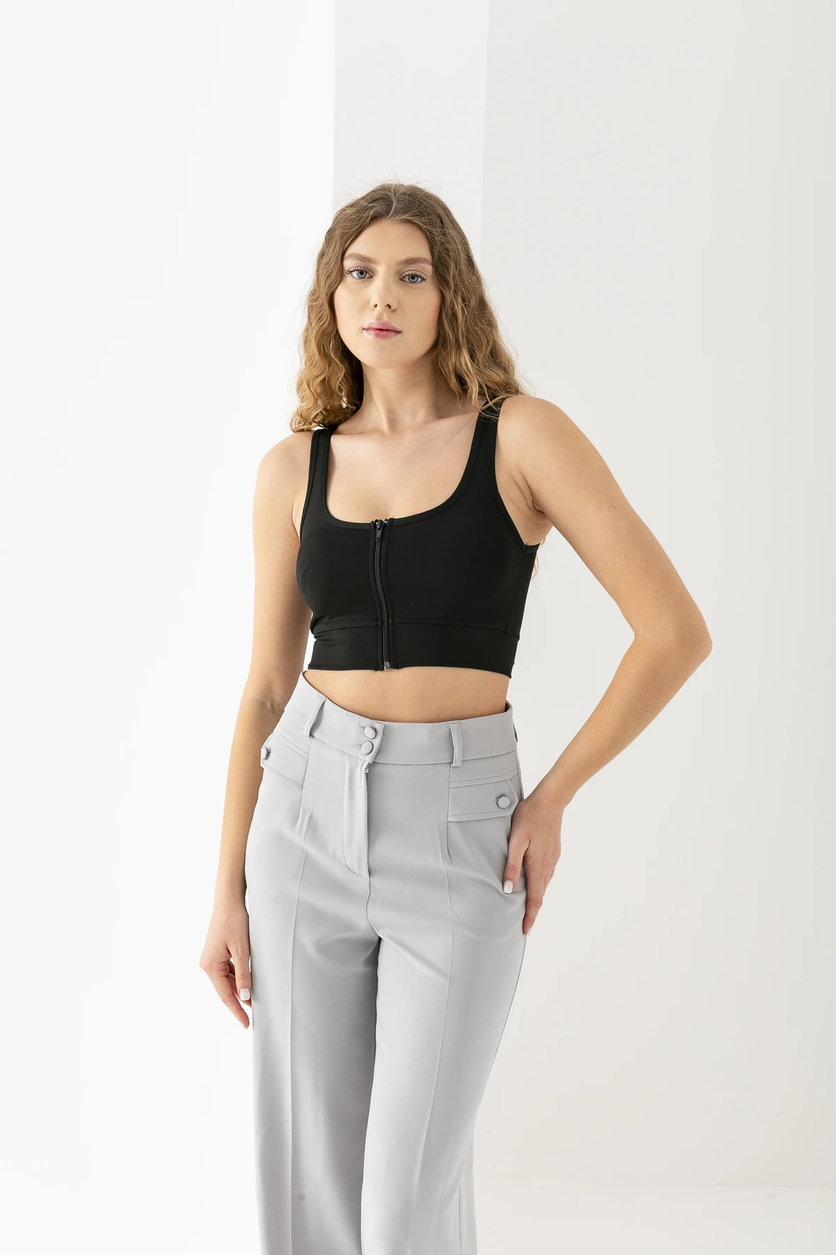 Dalgıç Fermuarlı Pedli Büstiyer Crop