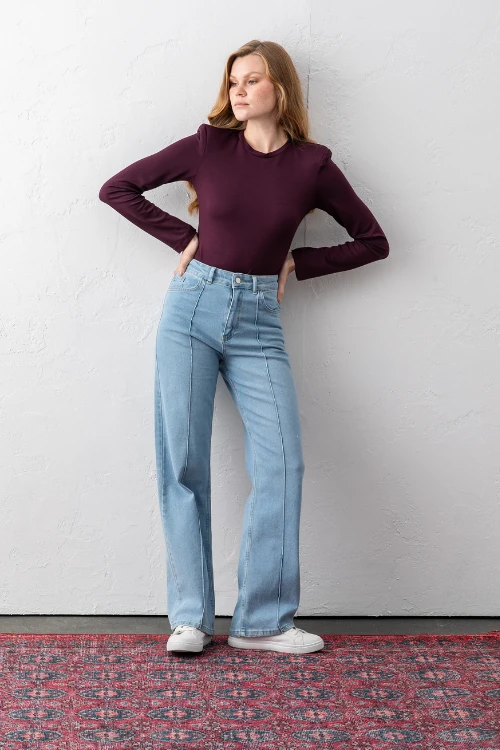 Yüksek Belli Nervürlü Kot Pantolon