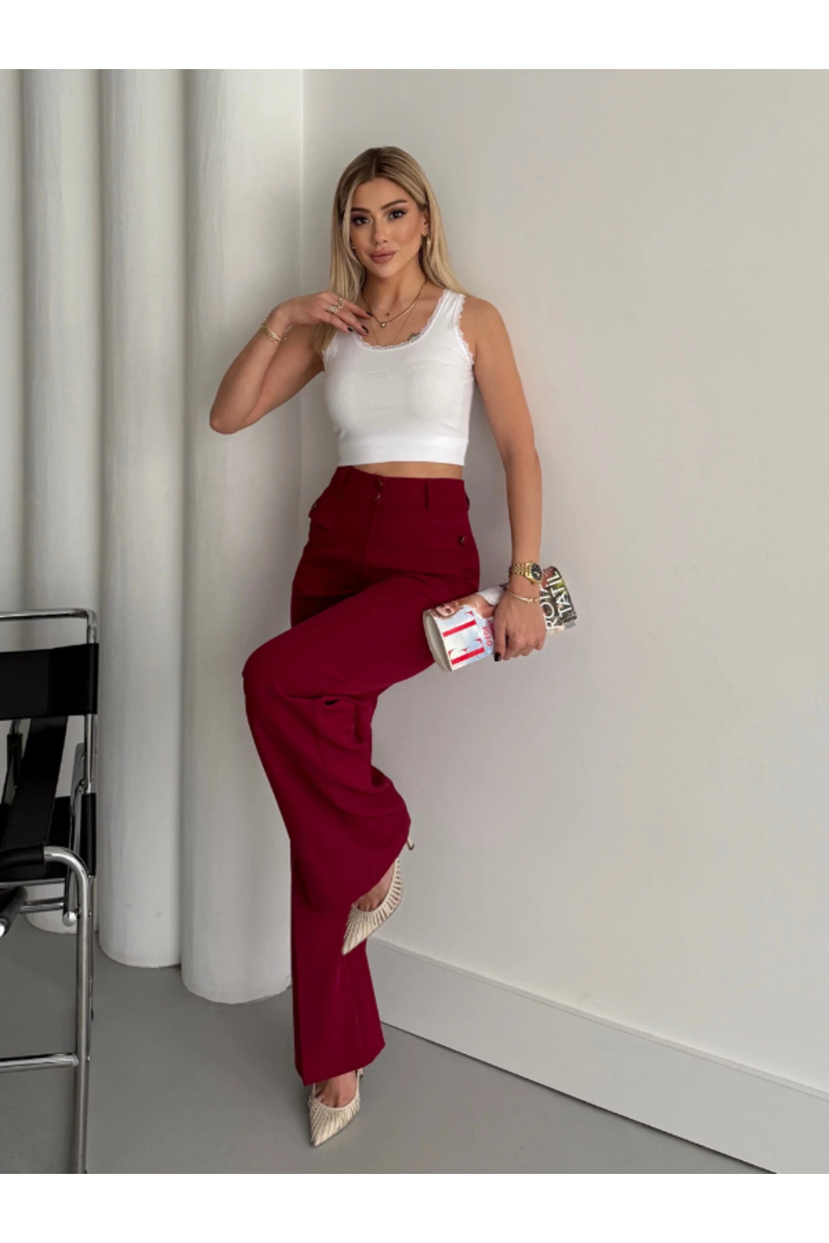 Çift Düğmeli Şık Pantolon - bordo