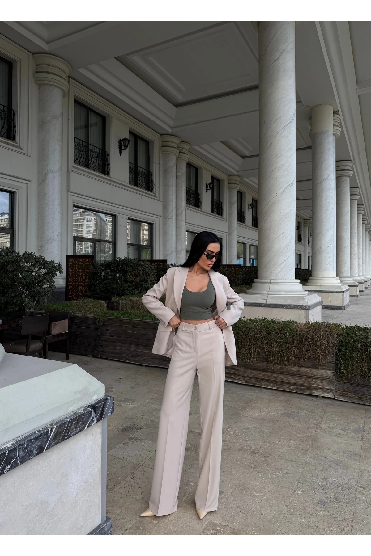 Blazer Takım Elbise Tek Düğme Ceket Kemerli Pantalon