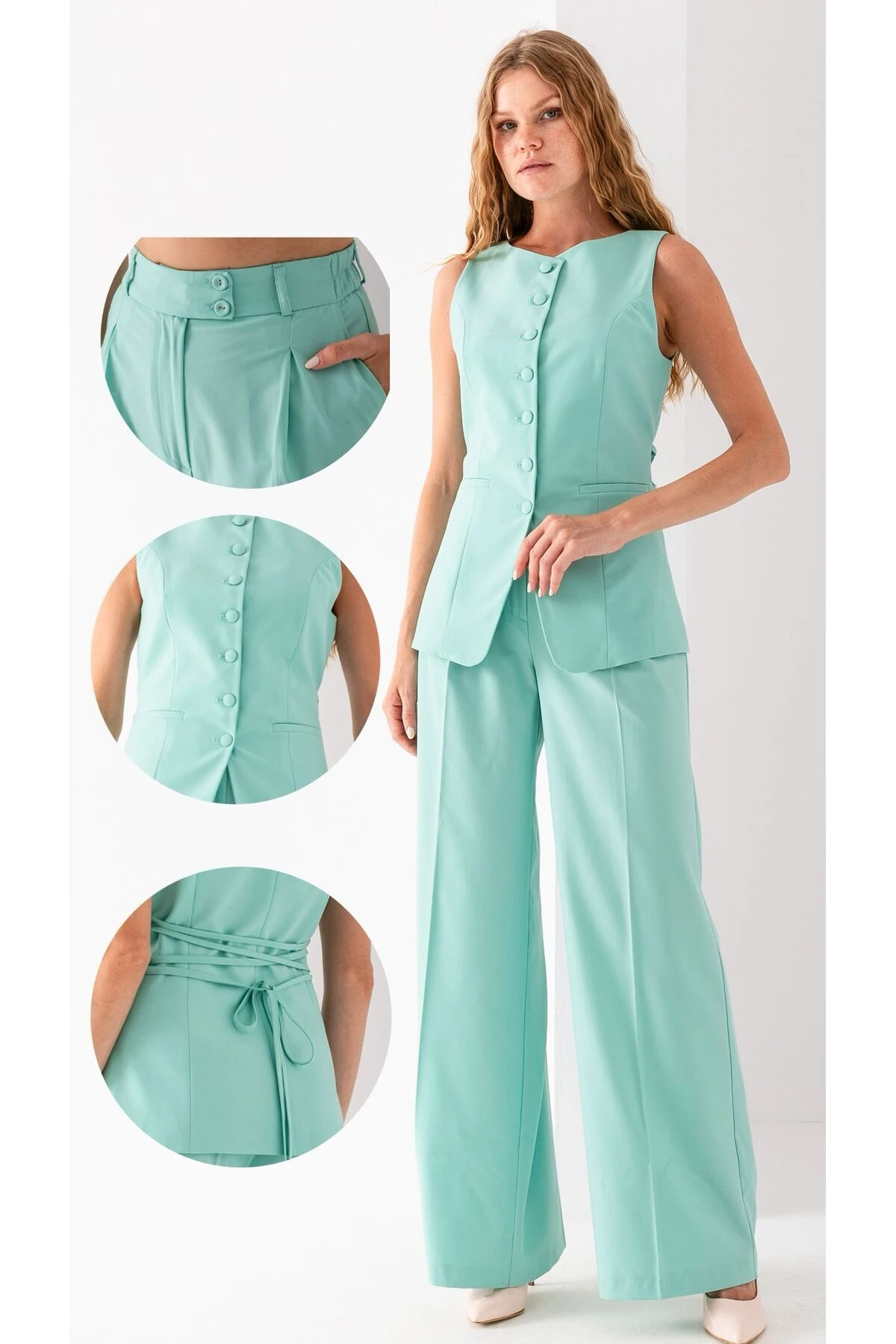 Sırt Bağlama Detaylı Yelek İkili Takım