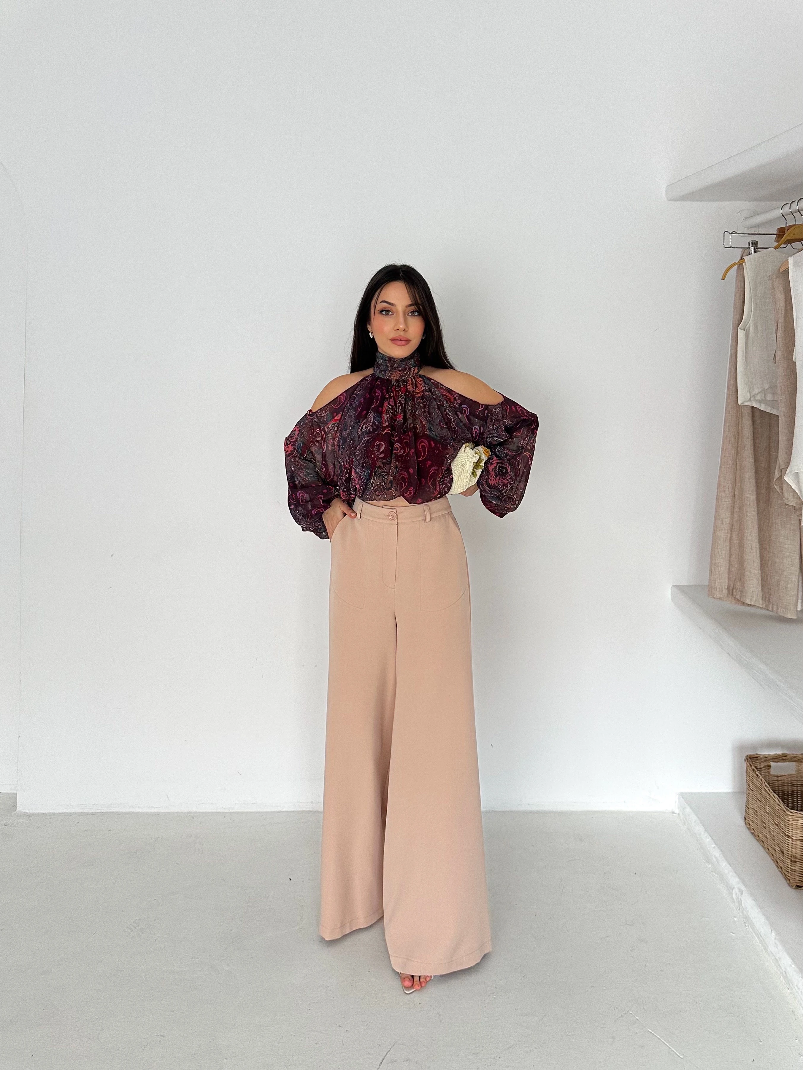 Double Bol Paçalı Palazzo Pantolon - krem