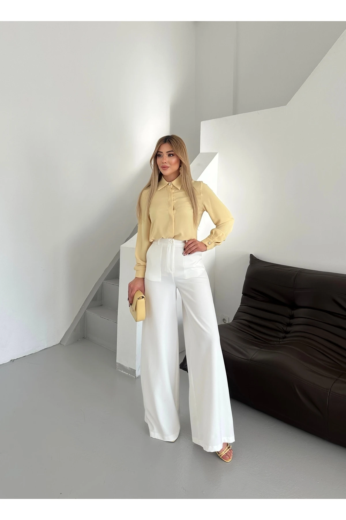 Double Bol Paçalı Palazzo Pantolon - beyaz