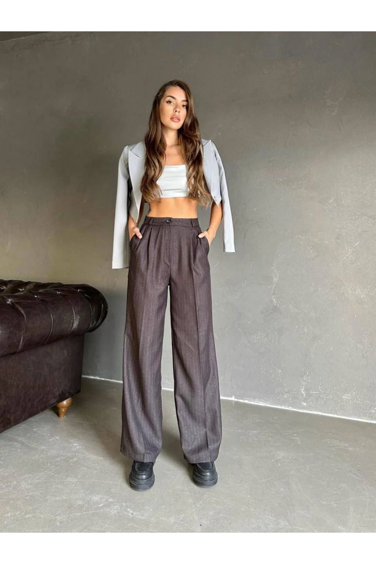 KLASİK ÇİZGİLİ YÜNEFEKT YÜKSEK BEL PALAZZO PANTOLON 4073