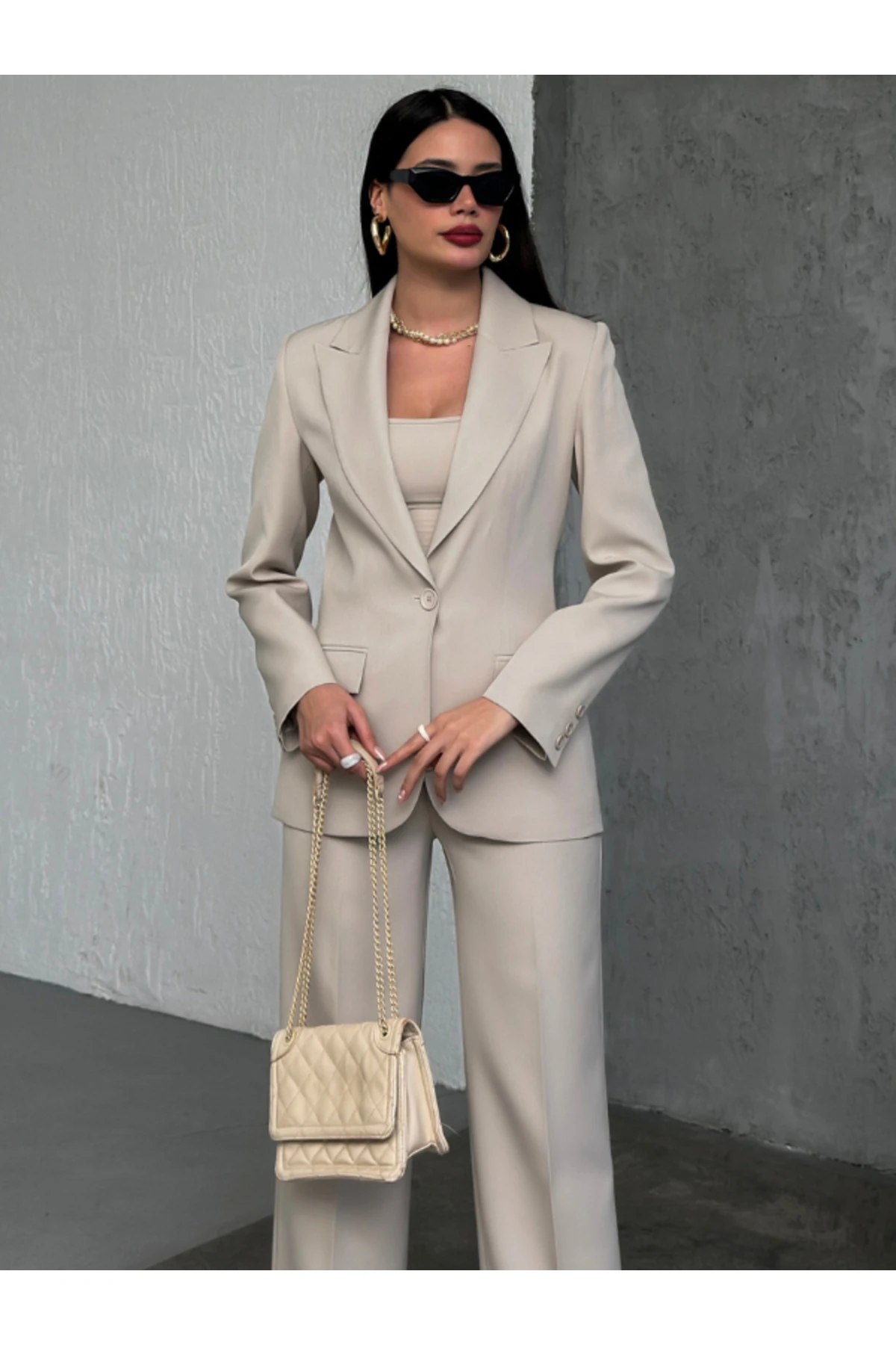 Blazer Takım Elbise Tek Düğme Ceket Pantalon - taş