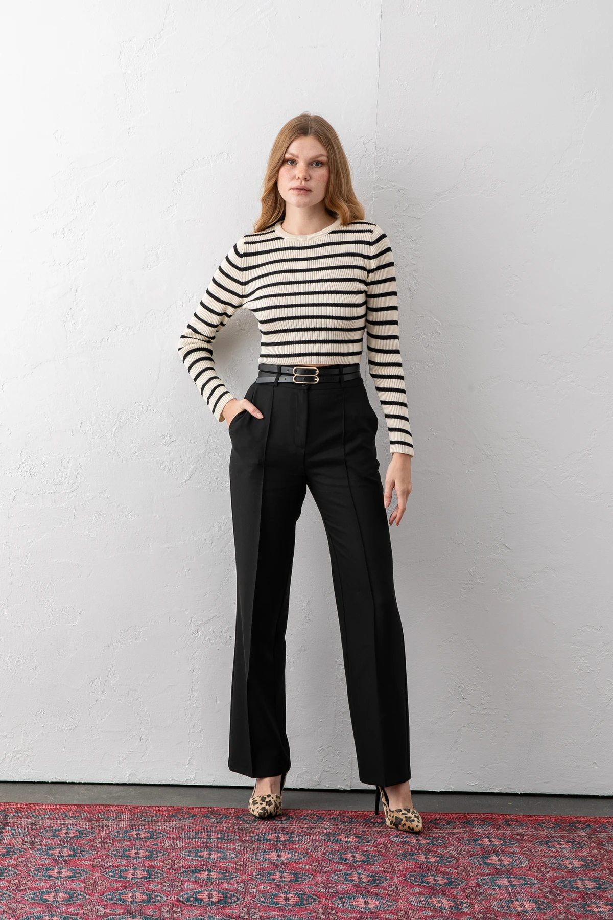 Çift Kemerli Nervürlü Şık Pantolon - siyah