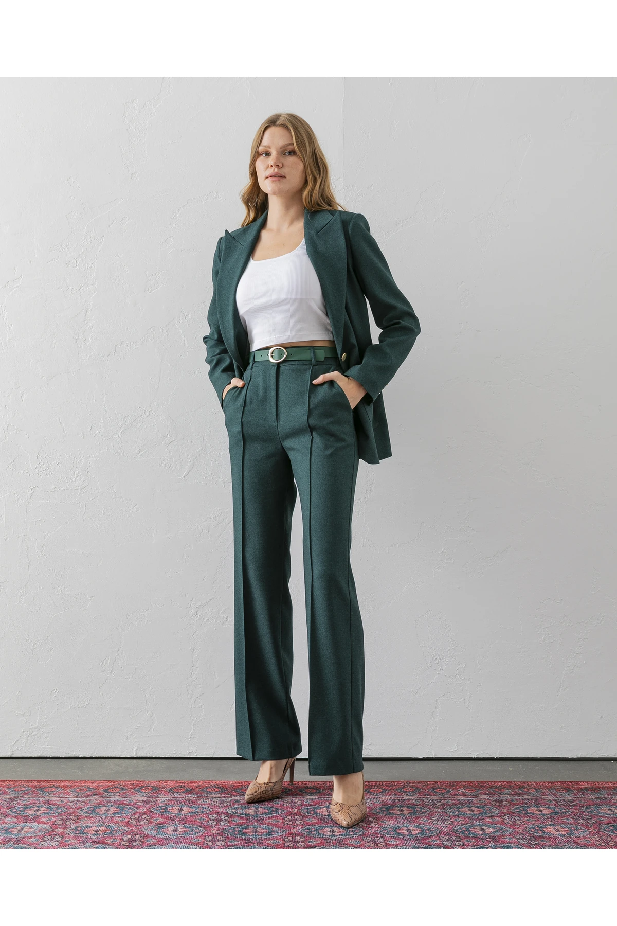 Kemerli Poliviskon Palazzo Pantolon - zümrüt yeşili