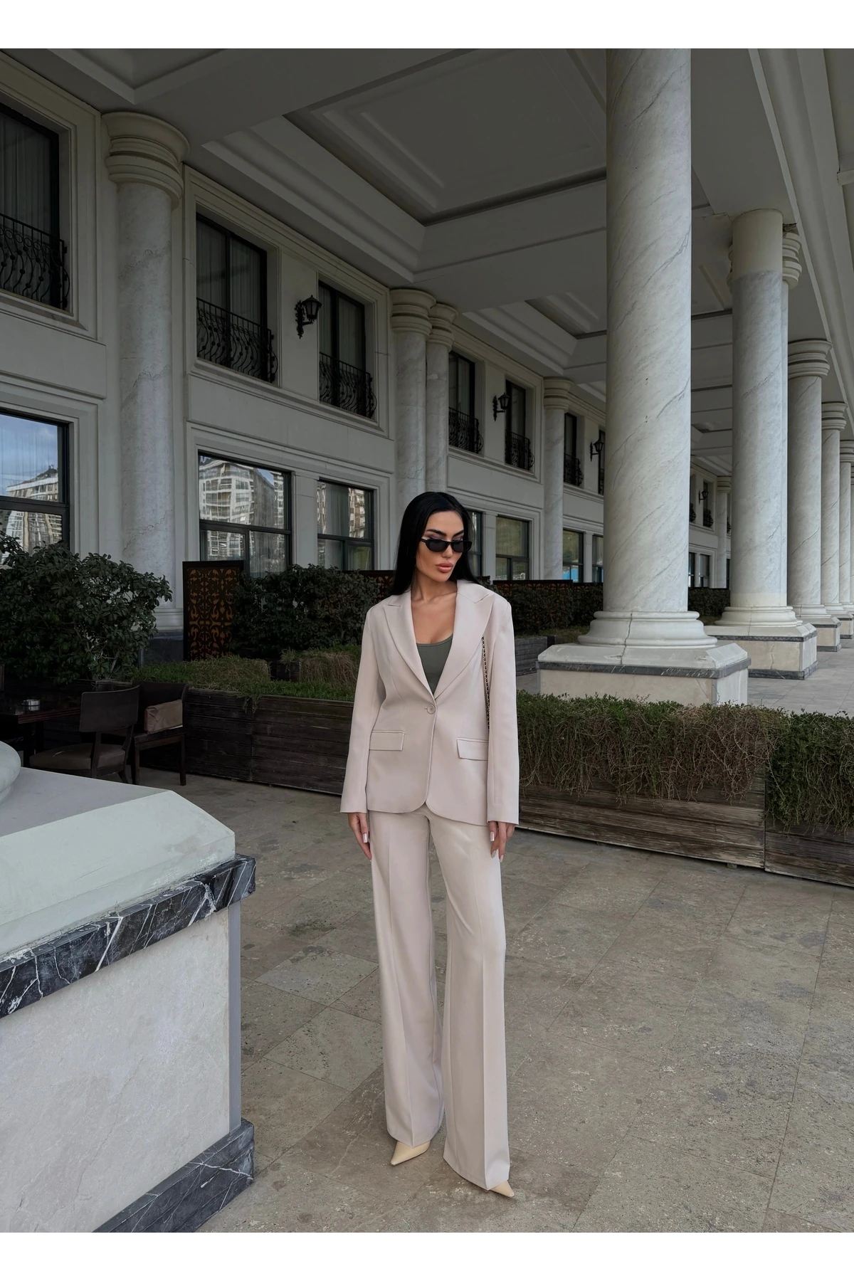 Blazer Takım Elbise Tek Düğme Ceket Kemerli Pantalon