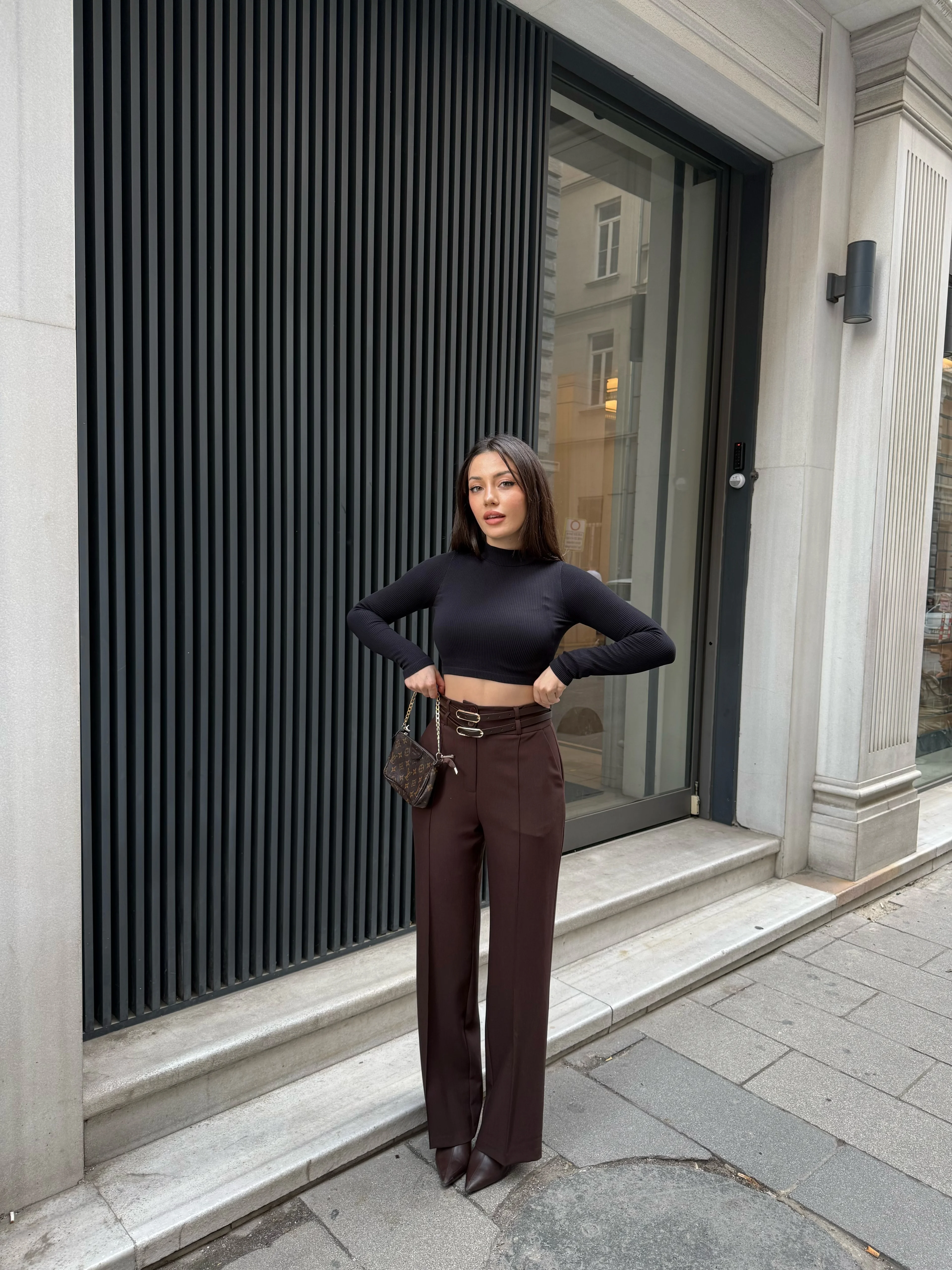 Çift Kemerli Nervürlü Şık Pantolon - kahverengi