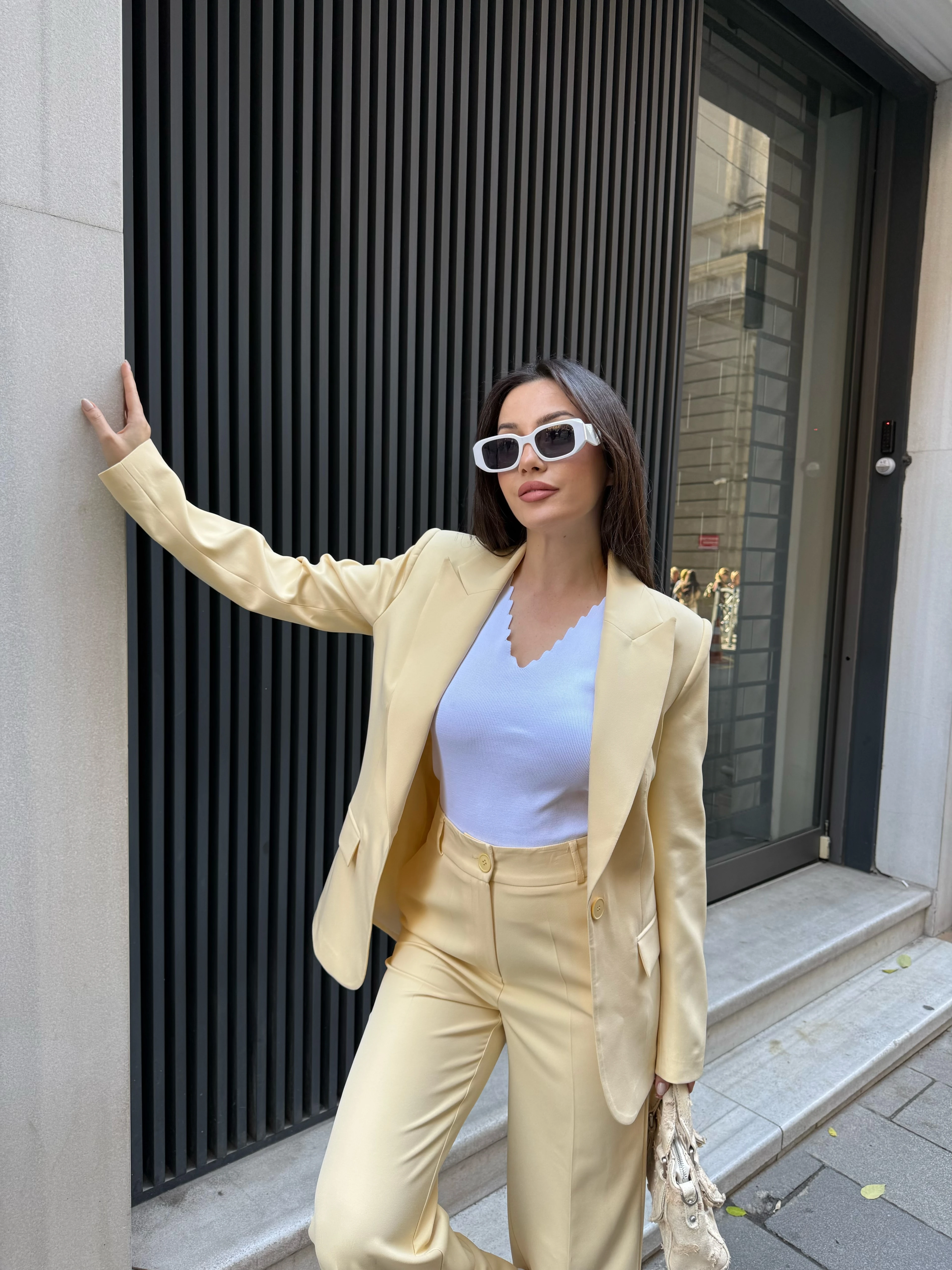 Blazer Takım Elbise Tek Düğme Ceket Pantalon - sarı