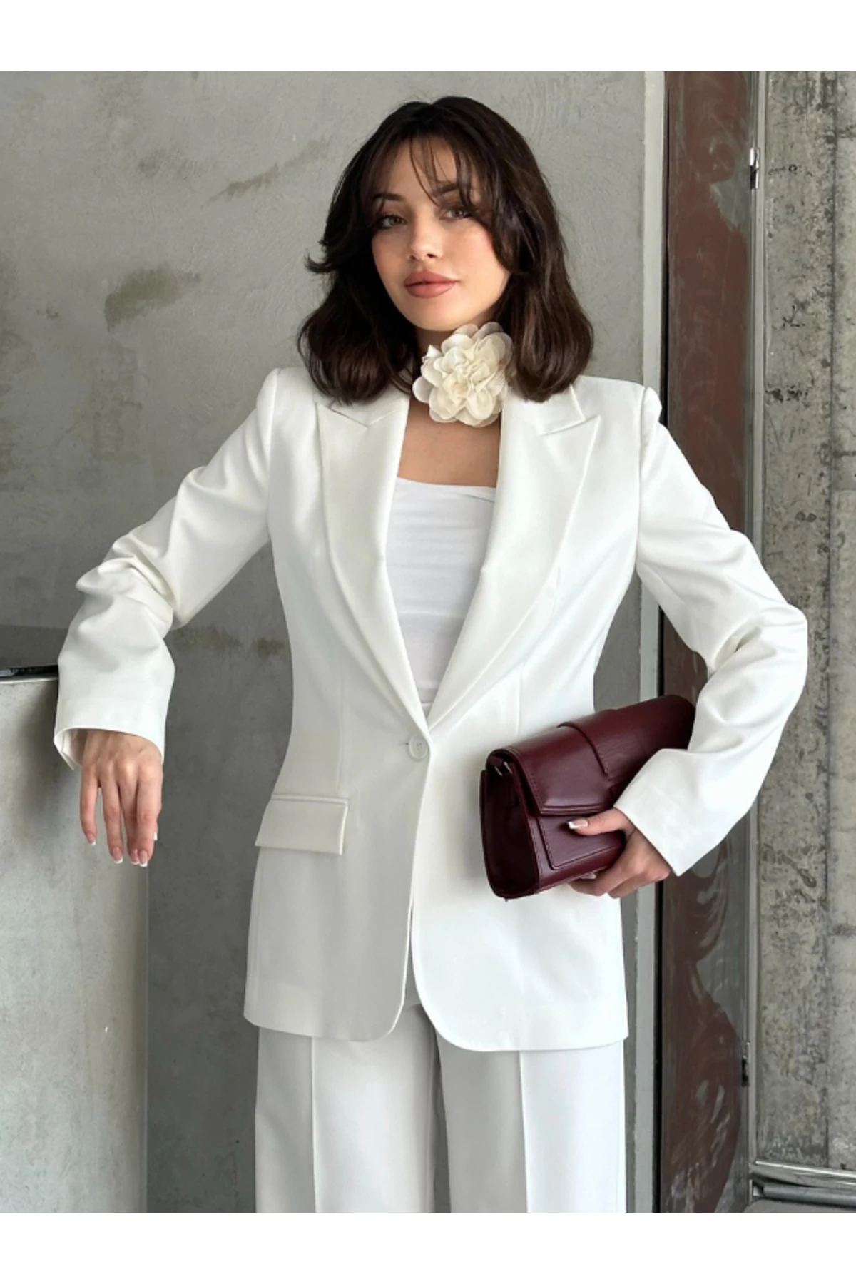 Blazer Takım Elbise Tek Düğme Ceket Pantalon - ekru