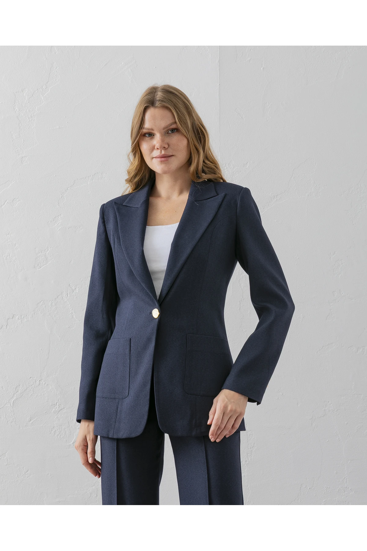 Çift Cepli Poliviskon Blazer Ceket - lacivert