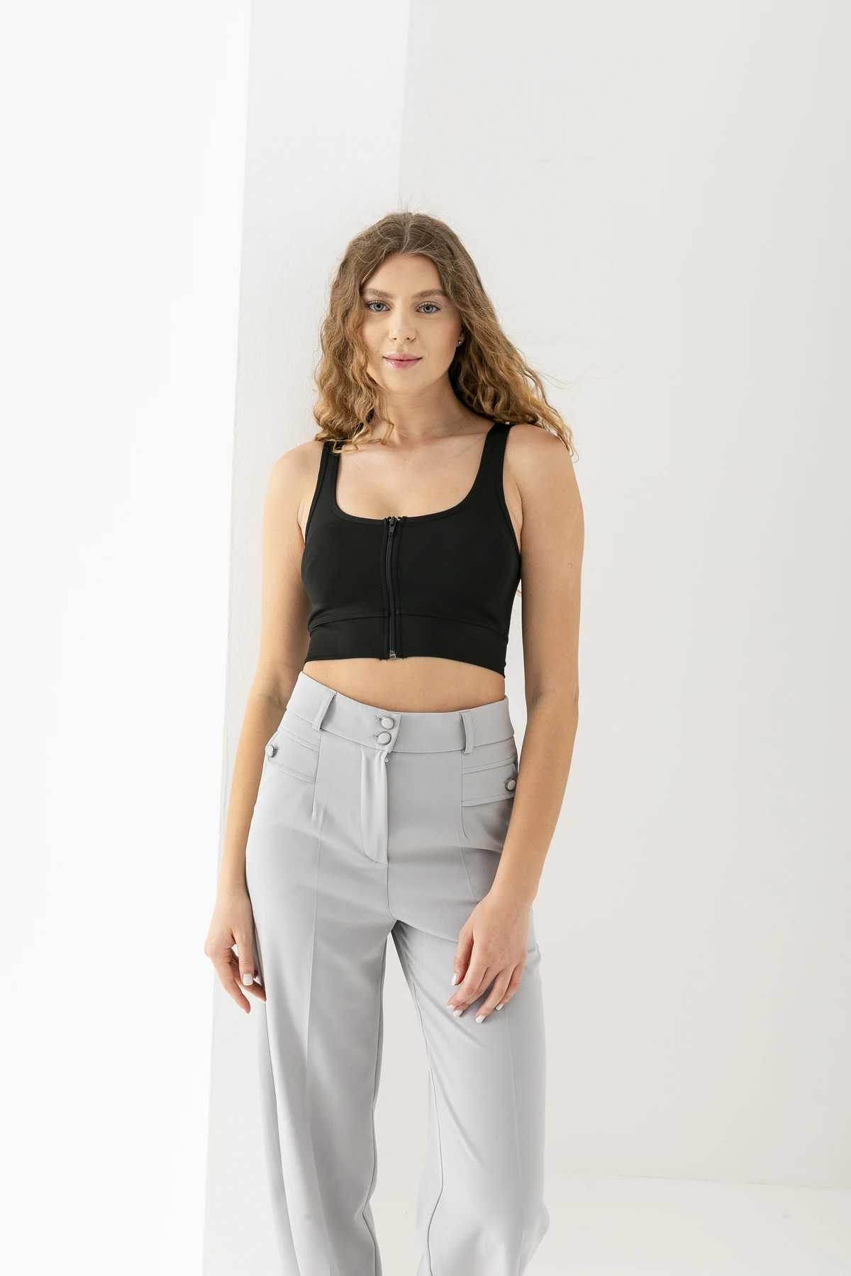 Dalgıç Fermuarlı Pedli Büstiyer Crop