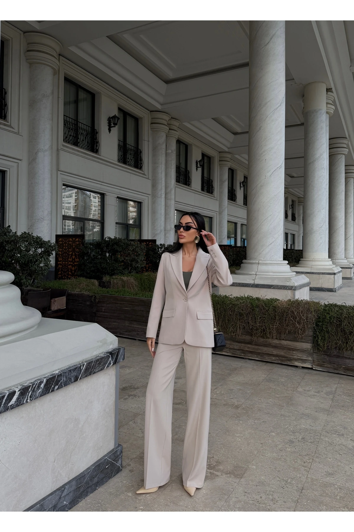 Blazer Takım Elbise Tek Düğme Ceket Kemerli Pantalon