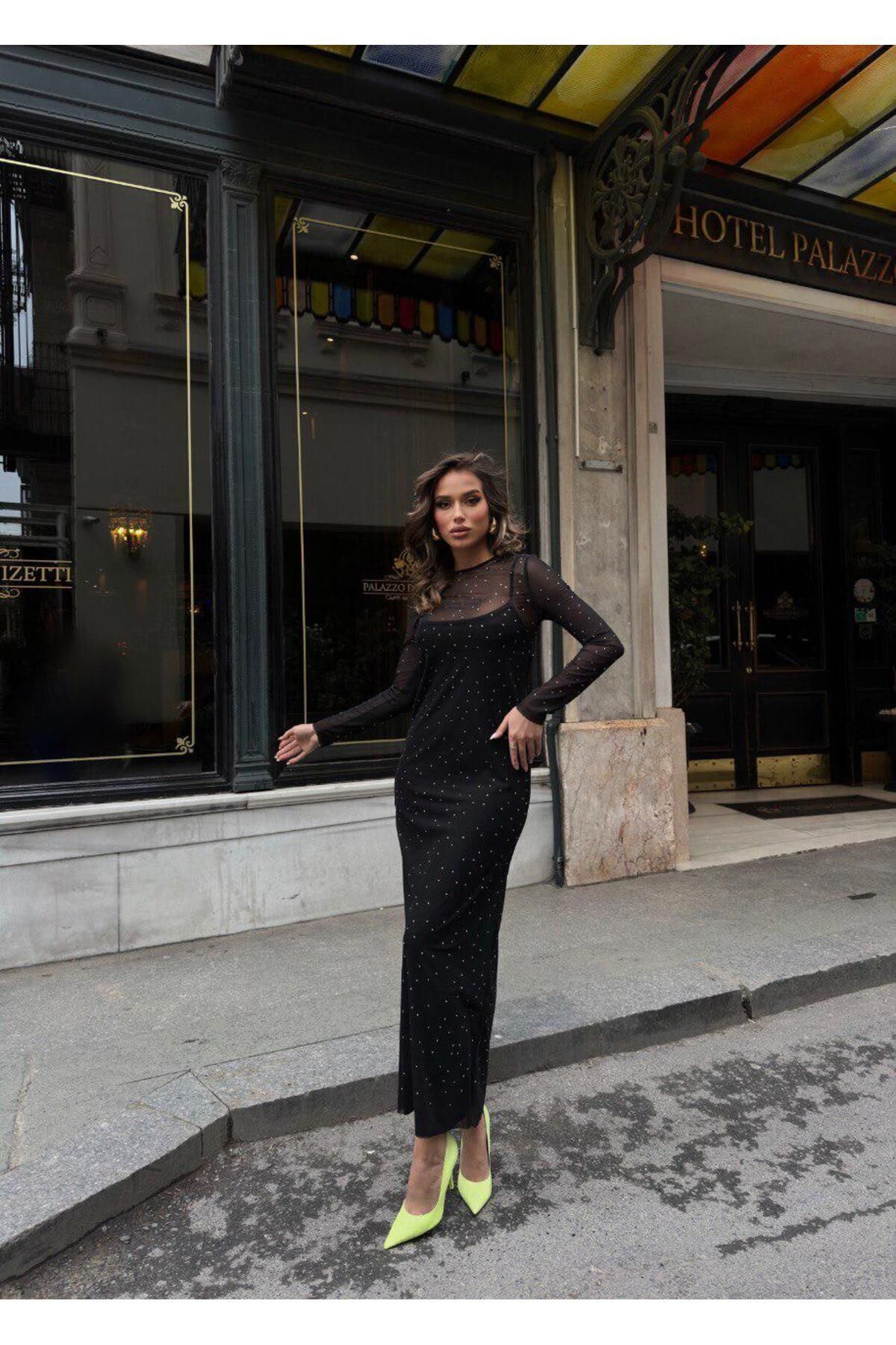 Komple Taşlı Tül Elbise