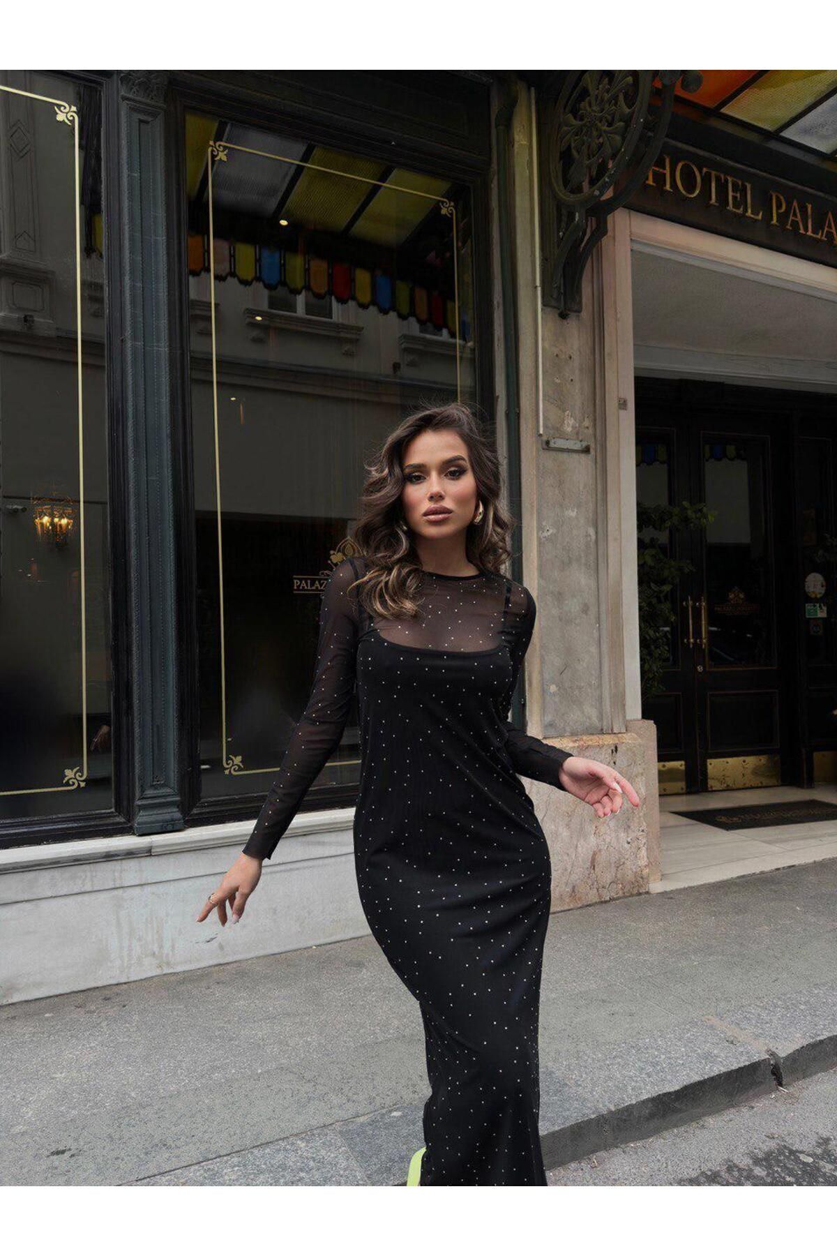 Komple Taşlı Tül Elbise - si̇yah