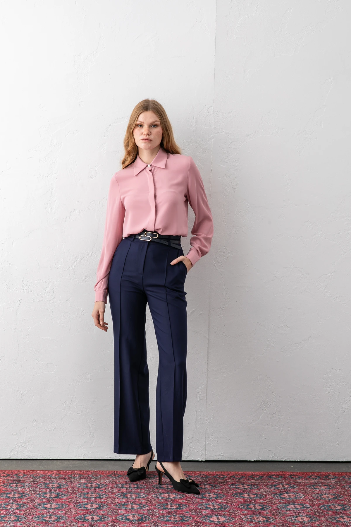 Çift Kemerli Nervürlü Şık Pantolon - lacivert