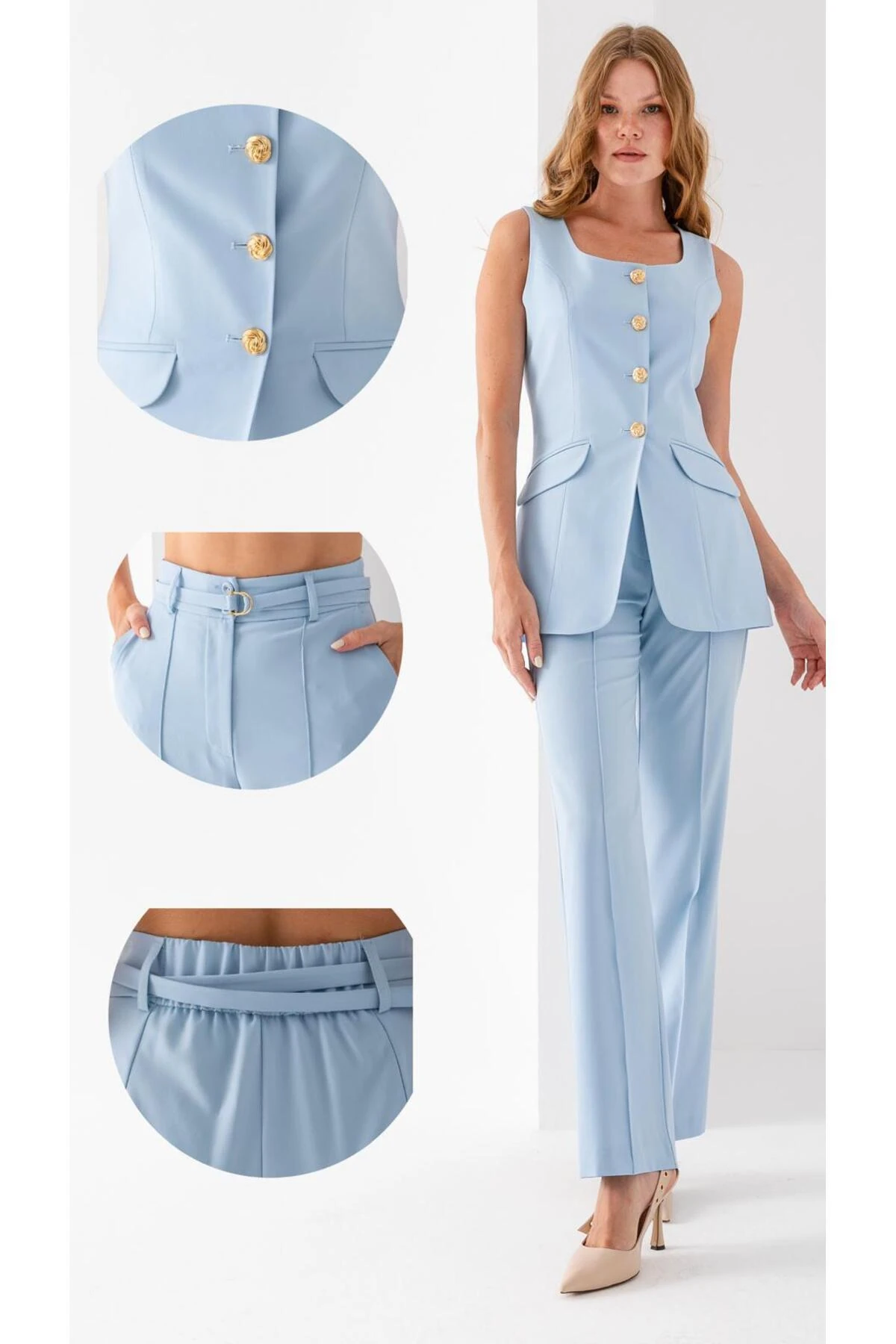 Metal Düğmeli Yelek İkili Takım - bebe mavi