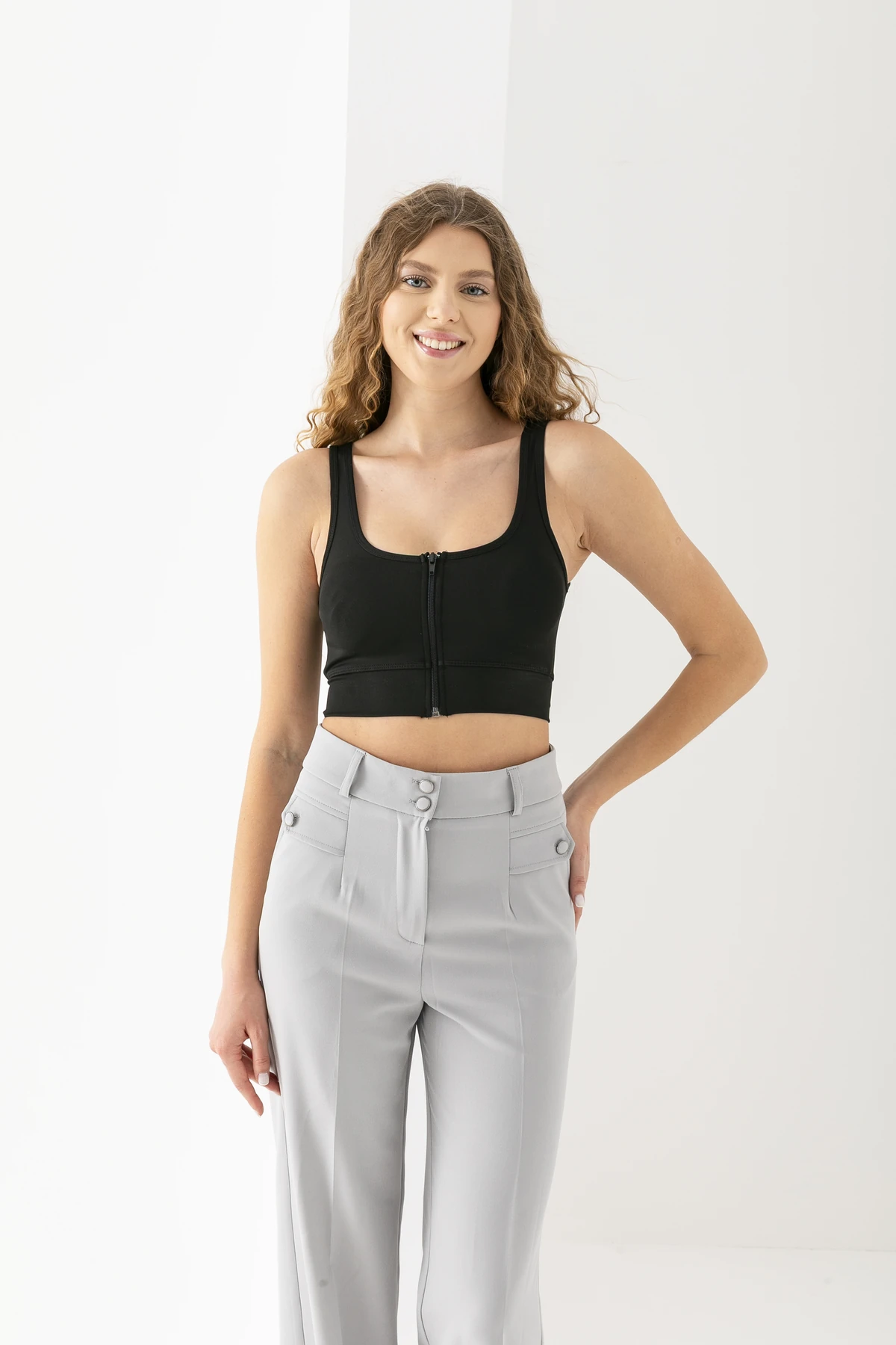 Dalgıç Fermuarlı Pedli Büstiyer Crop