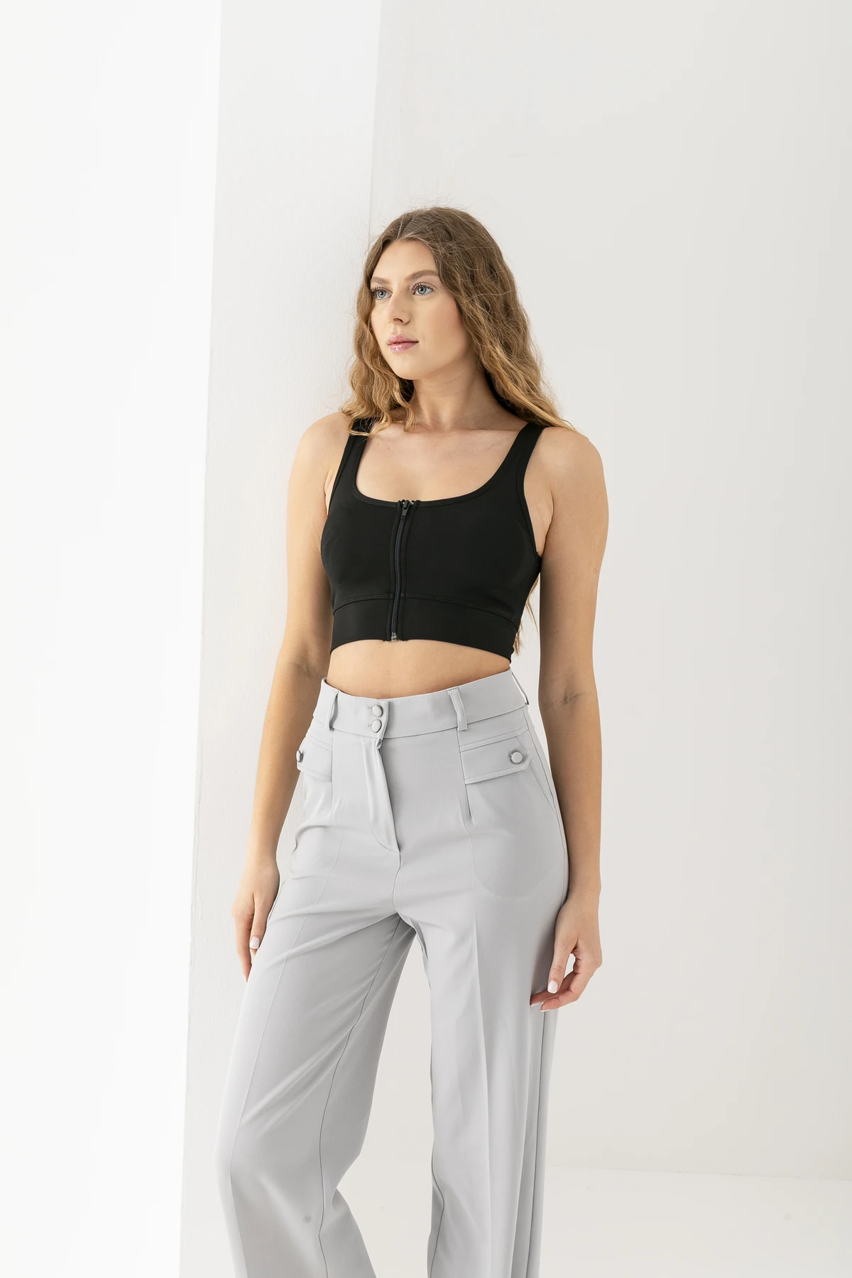 Dalgıç Fermuarlı Pedli Büstiyer Crop