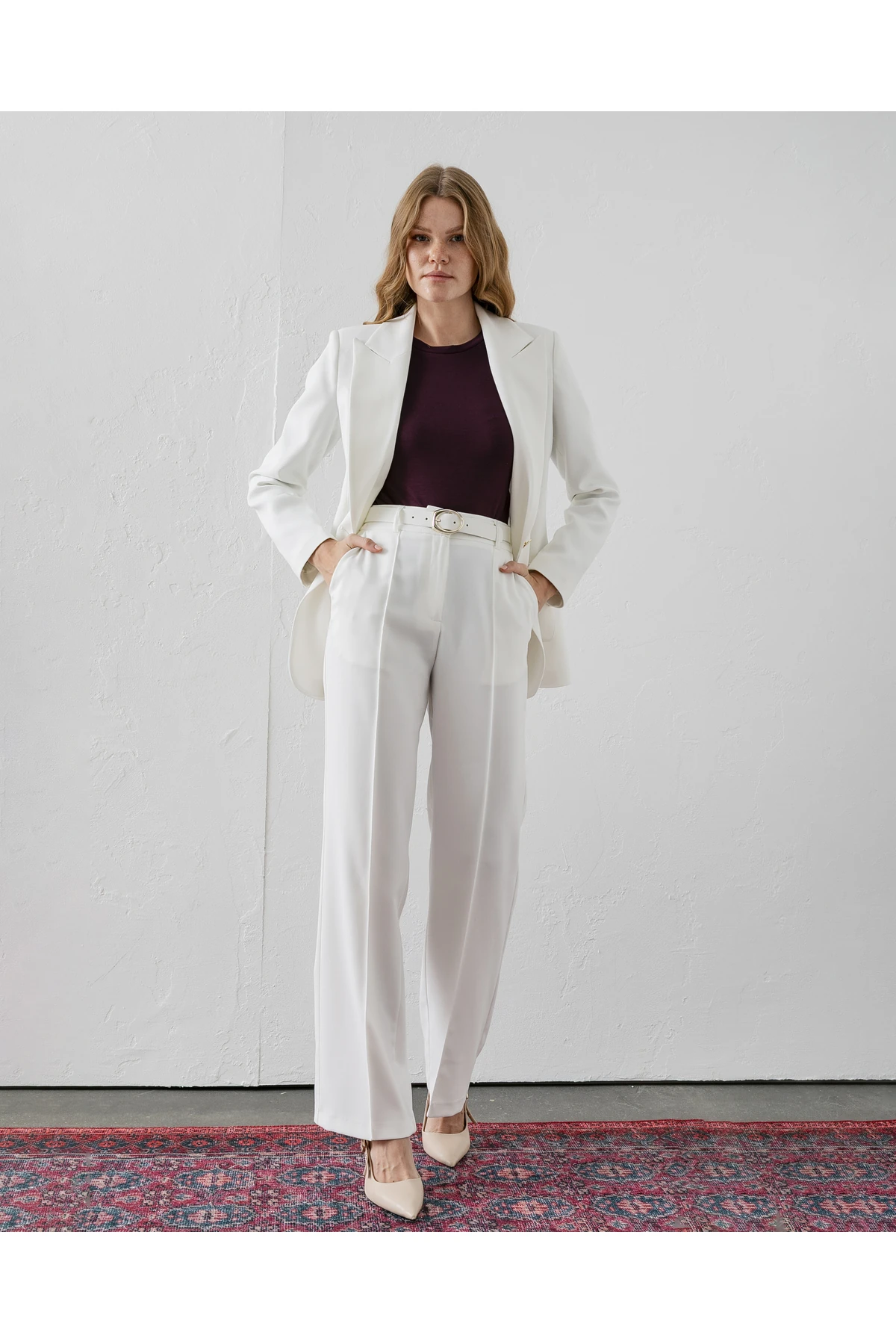 Kemerli Poliviskon Palazzo Pantolon - beyaz