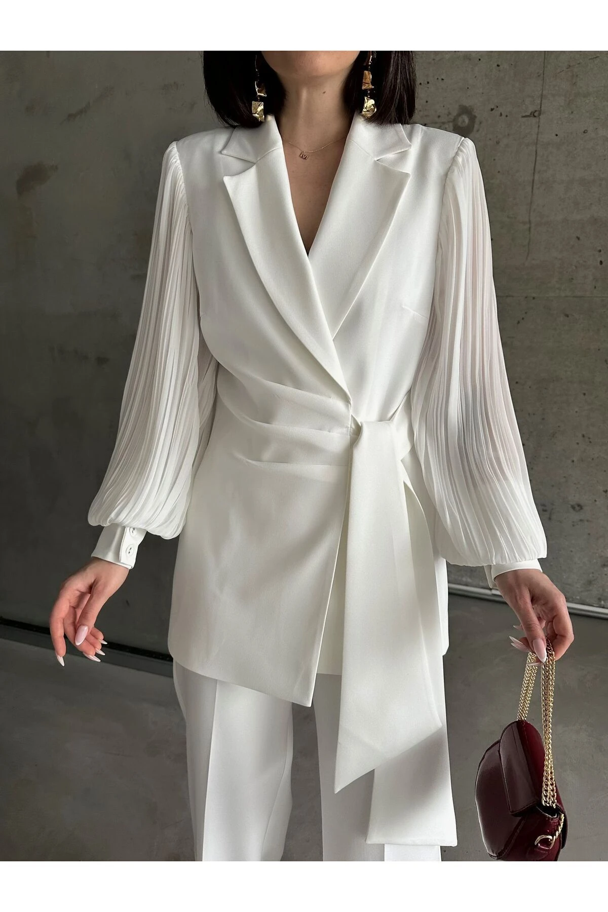 ŞİFON KOLLU İKİLİ TAKIM - beyaz