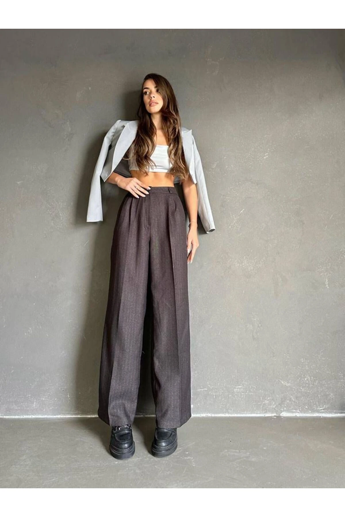 KLASİK ÇİZGİLİ YÜNEFEKT YÜKSEK BEL PALAZZO PANTOLON 4073