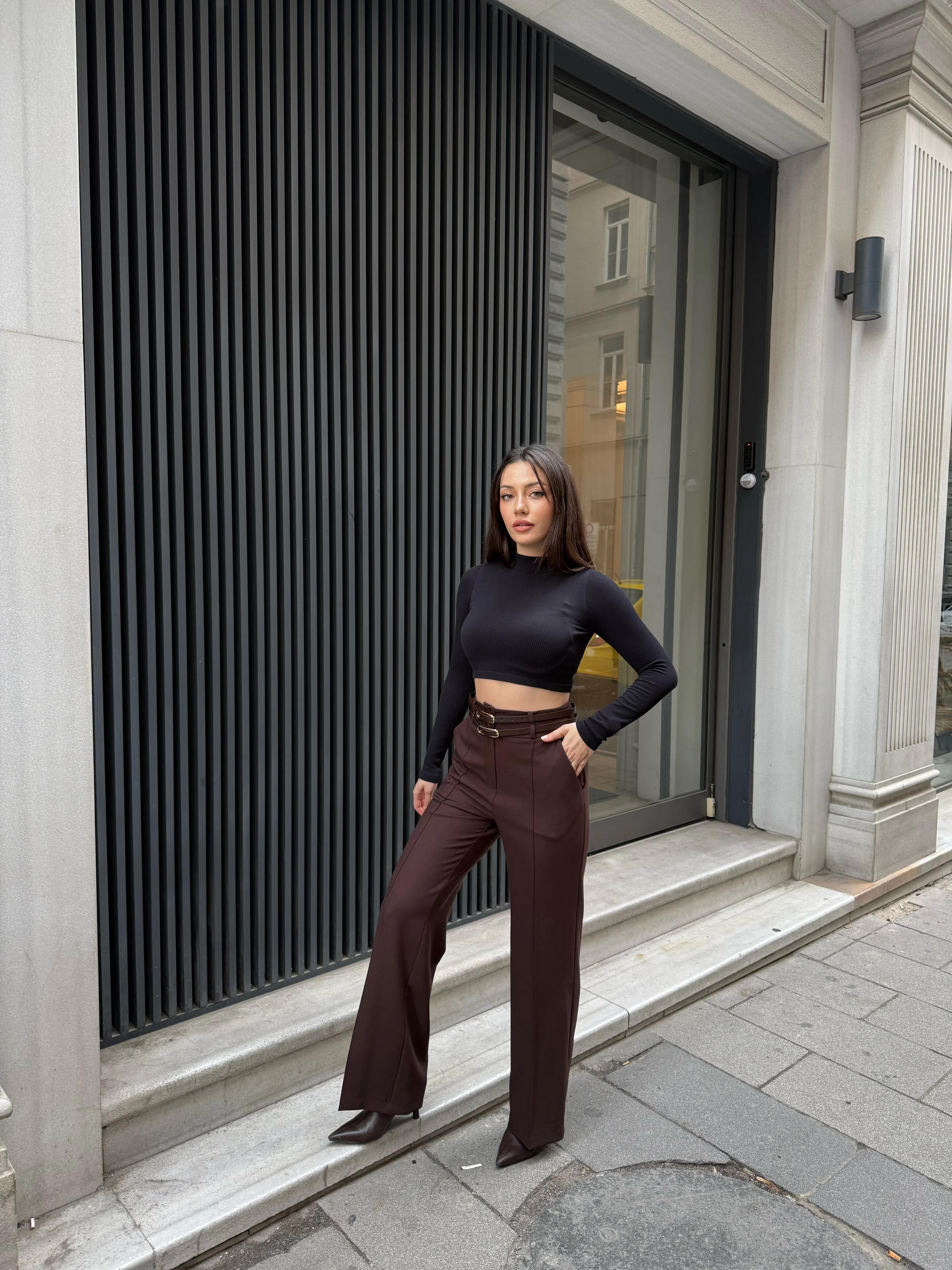 Çift Kemerli Nervürlü Şık Pantolon