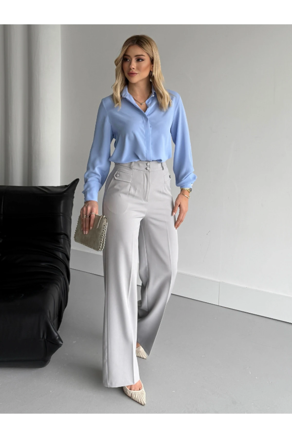 Çift Düğmeli Şık Pantolon - gri