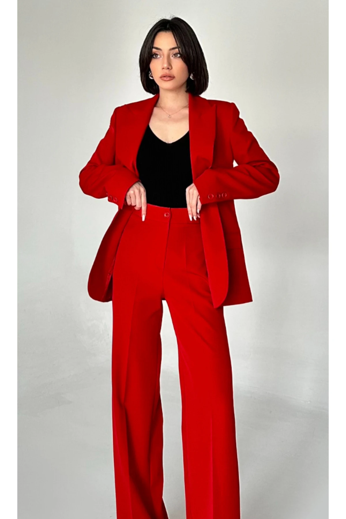 Blazer Takım Elbise Tek Düğme Ceket Pantalon - kırmızı