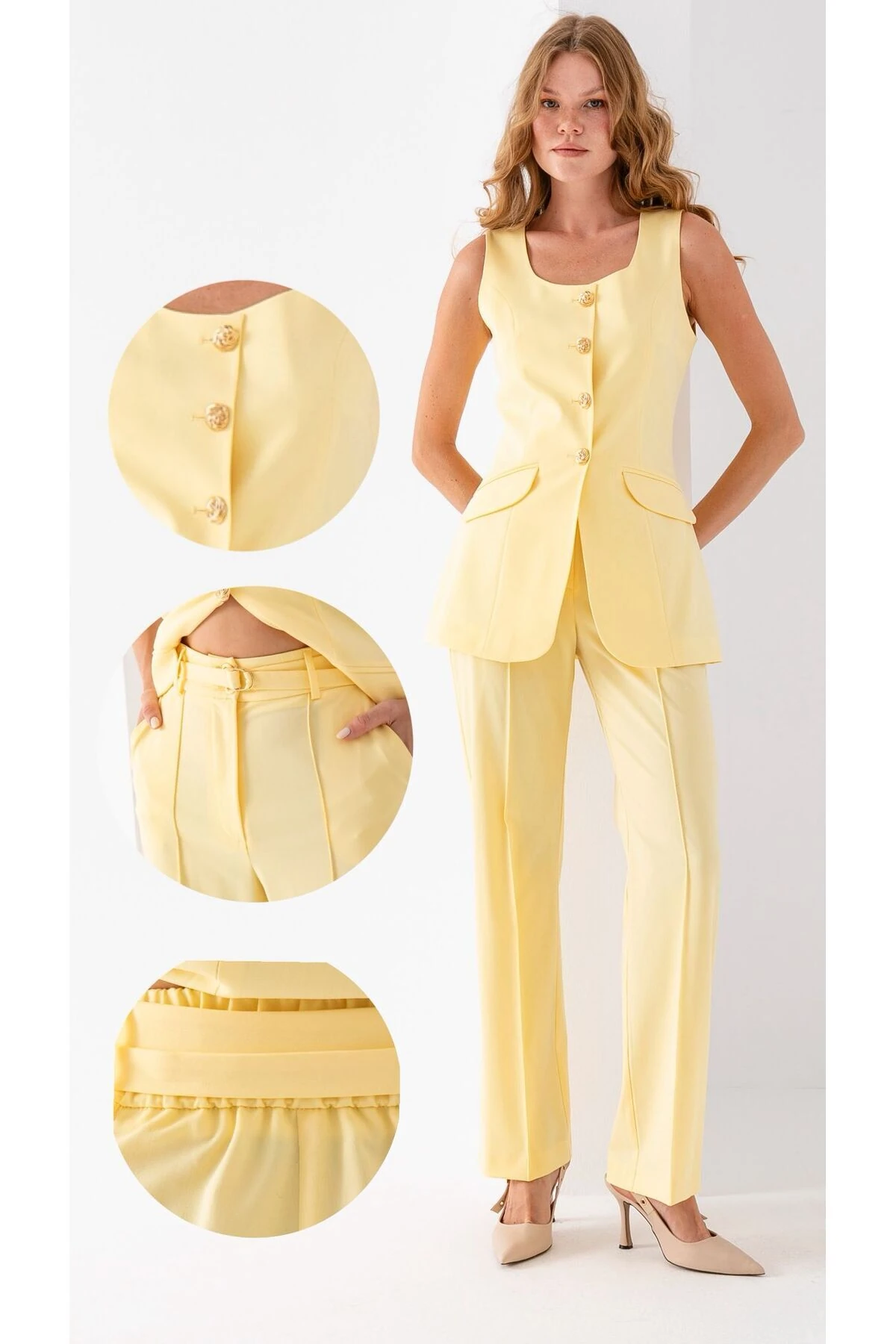 Metal Düğmeli Yelek İkili Takım - sarı