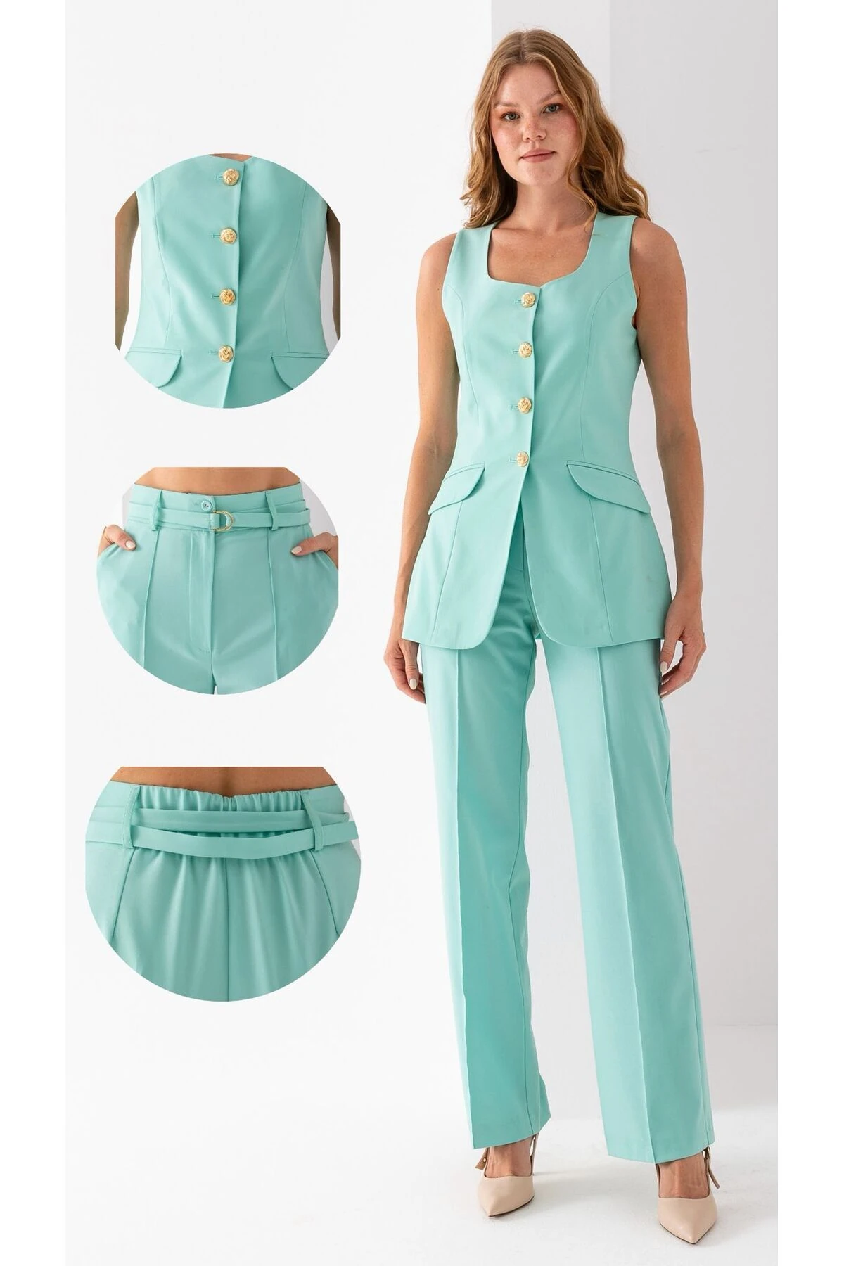 Metal Düğmeli Yelek İkili Takım - turkuaz