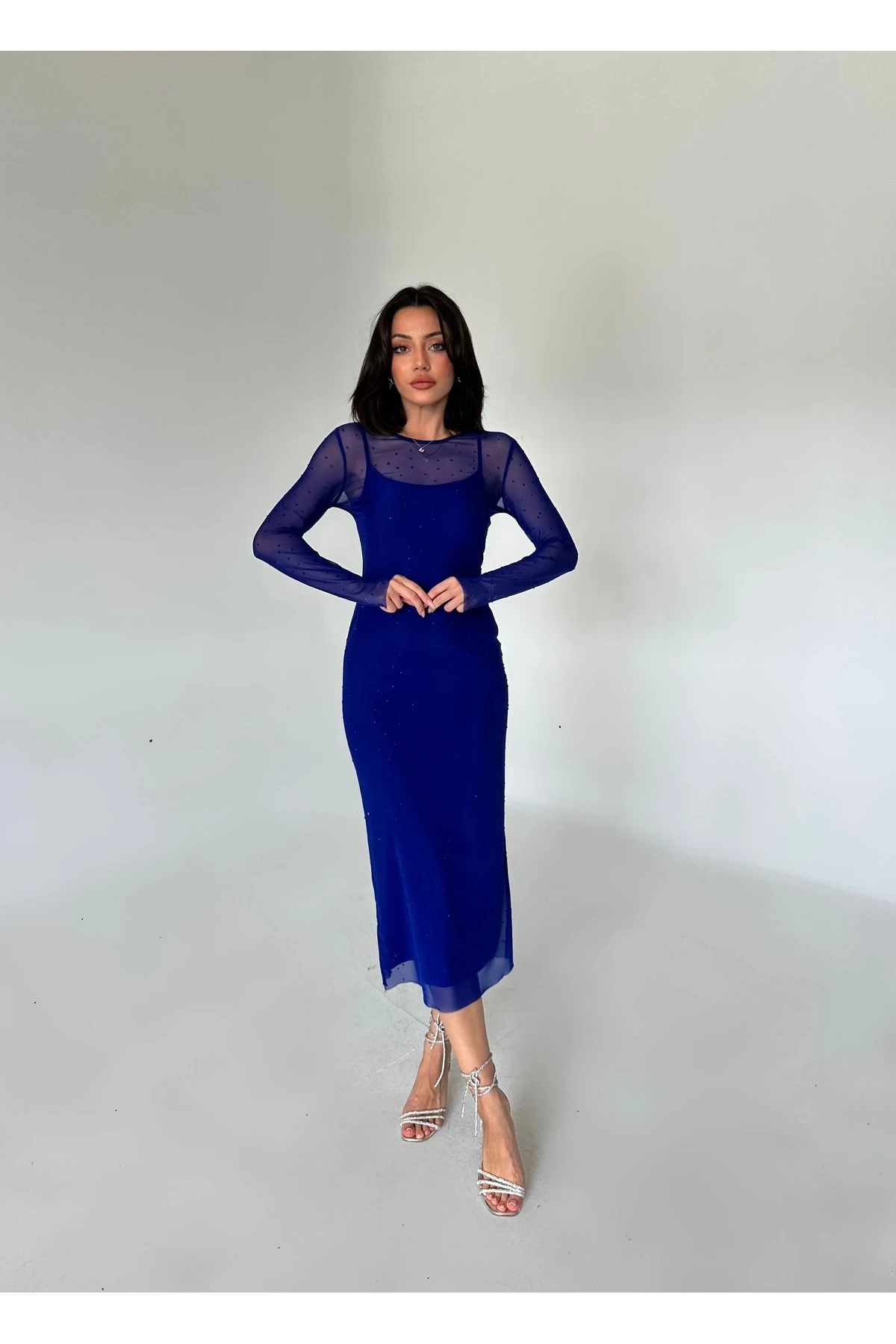 Komple Taşlı Tül Elbise - saks mavi̇