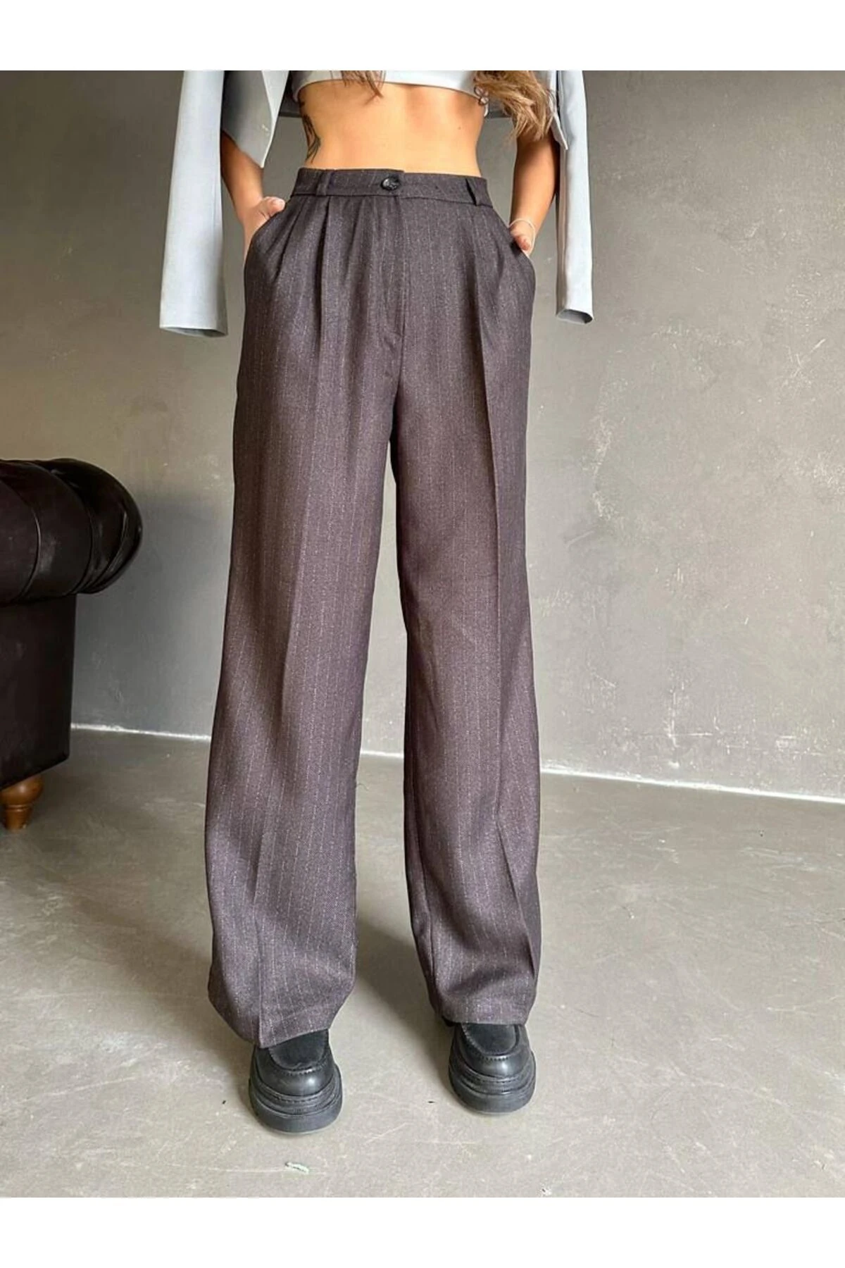 KLASİK ÇİZGİLİ YÜNEFEKT YÜKSEK BEL PALAZZO PANTOLON 4073