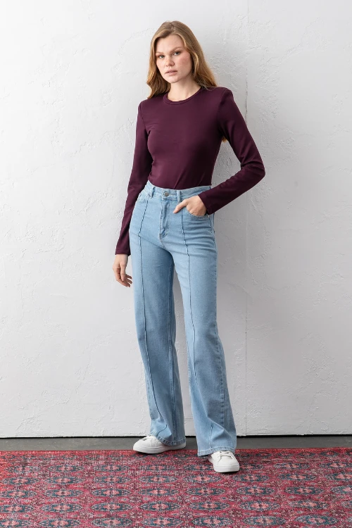 Yüksek Belli Nervürlü Kot Pantolon