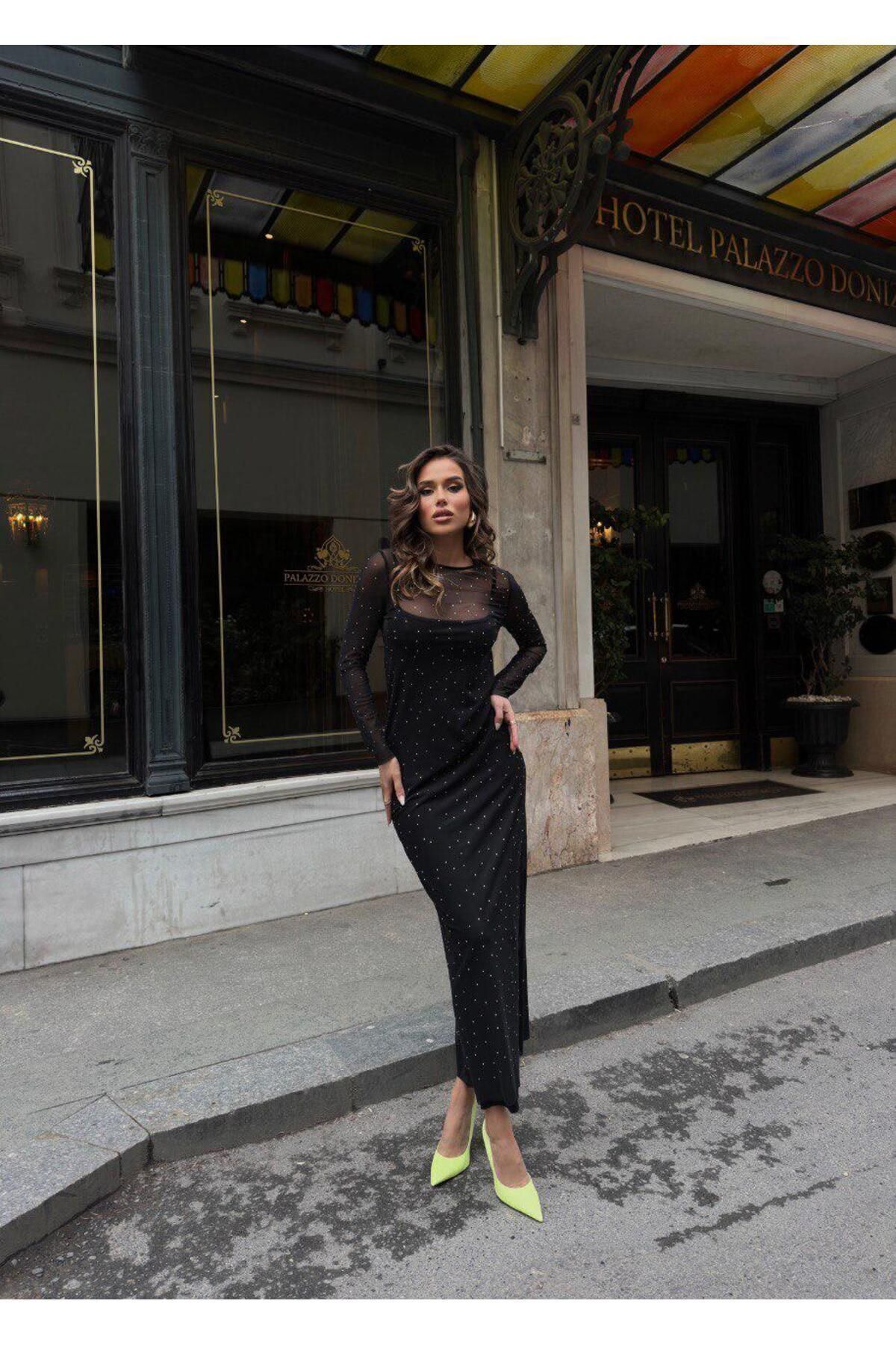 Komple Taşlı Tül Elbise