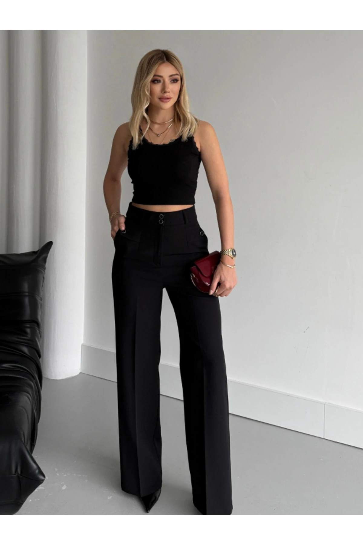 Çift Düğmeli Şık Pantolon - siyah