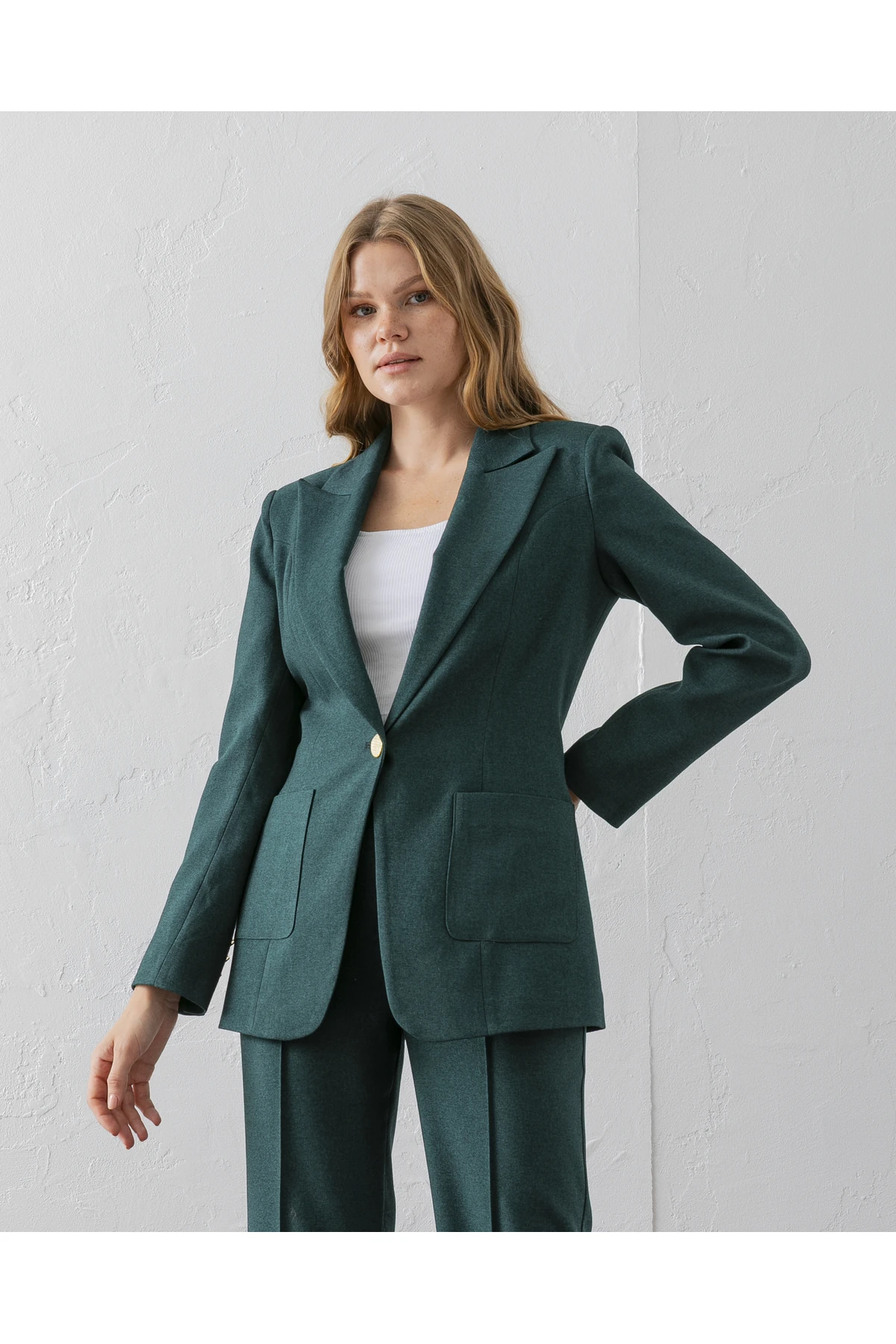 Çift Cepli Poliviskon Blazer Ceket - zümrüt yeşili