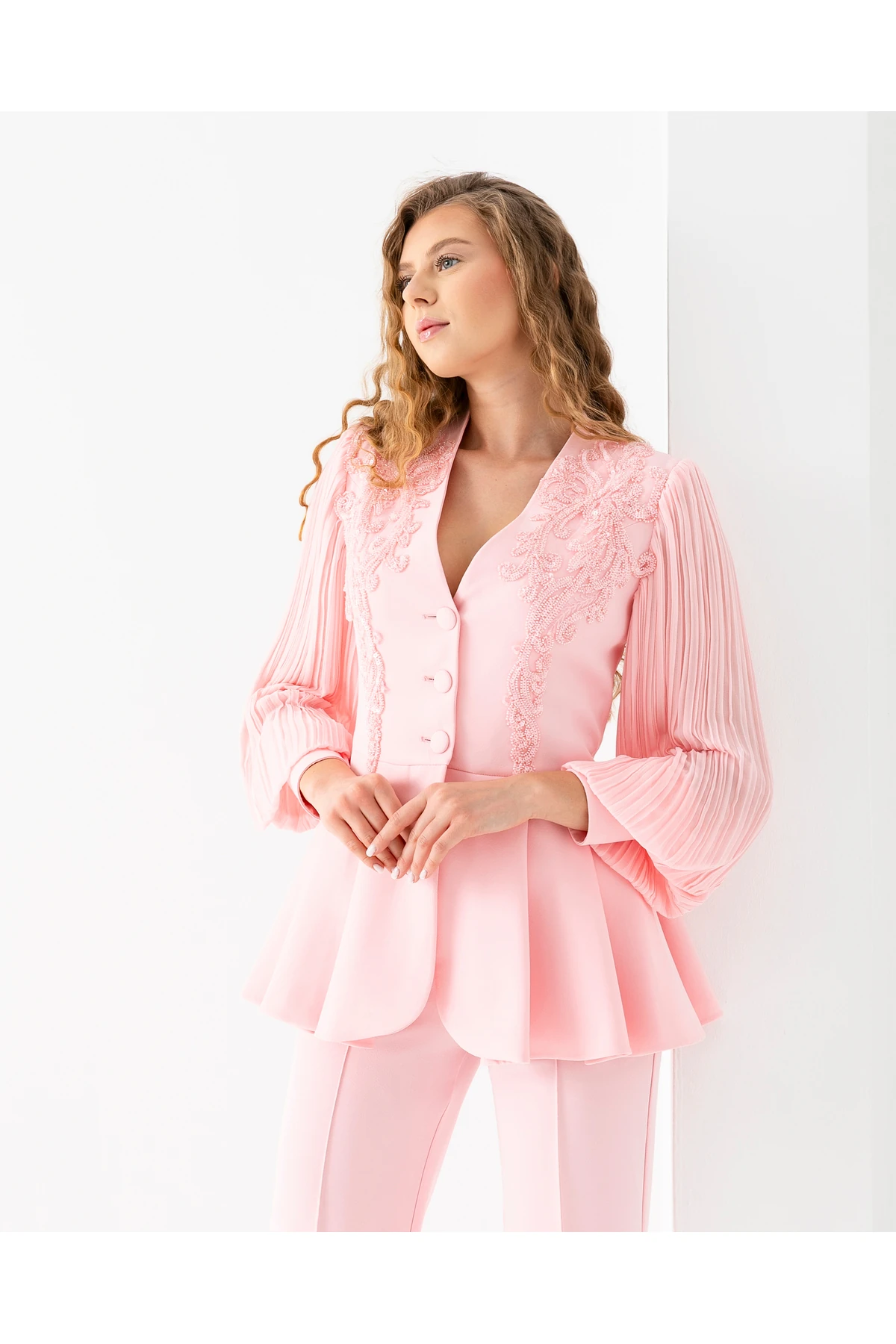 Dantel İşlemeli Volanlı Ceket İkili Takım Elbise - pembe