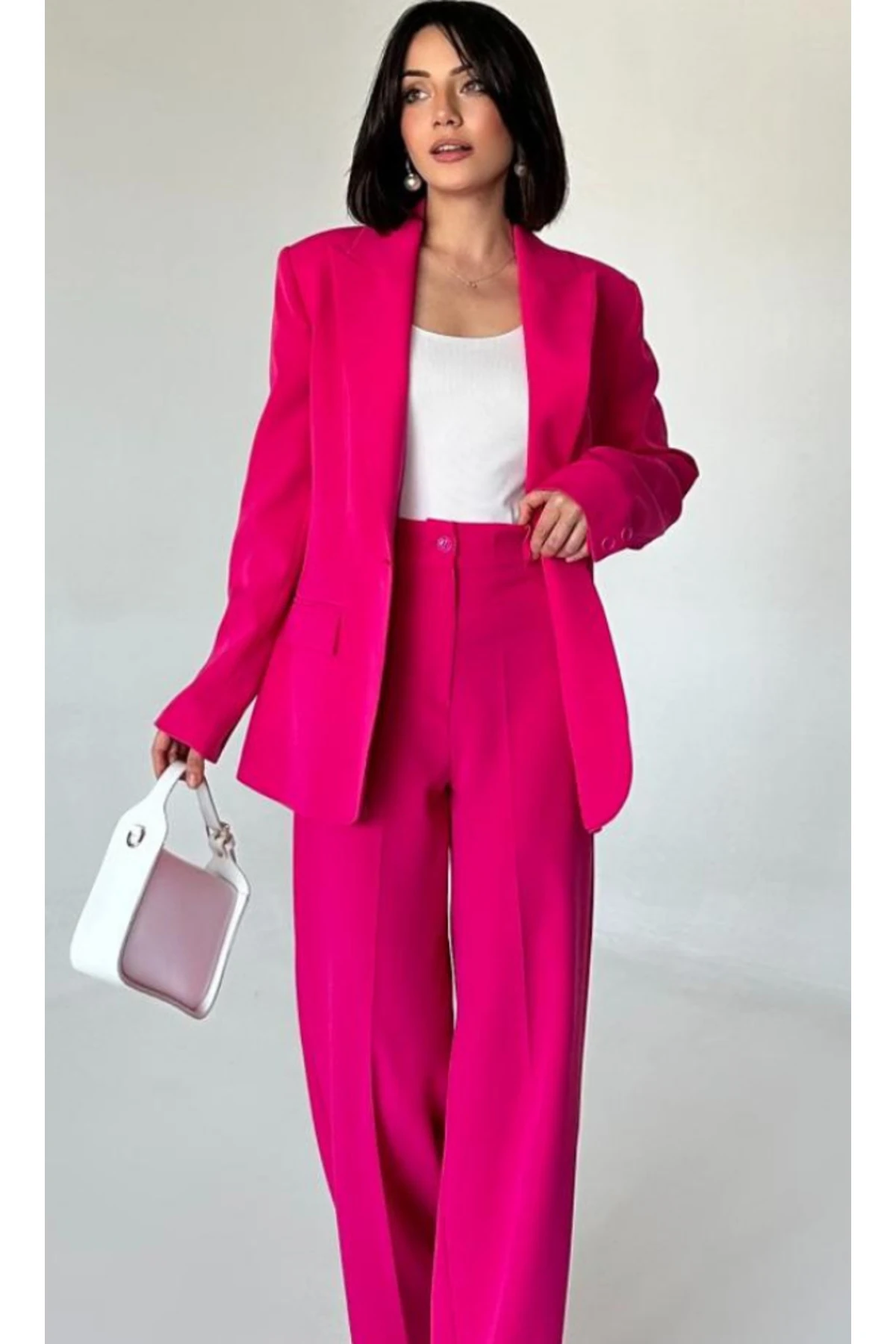 Blazer Takım Elbise Tek Düğme Ceket Pantalon - koyu pembe