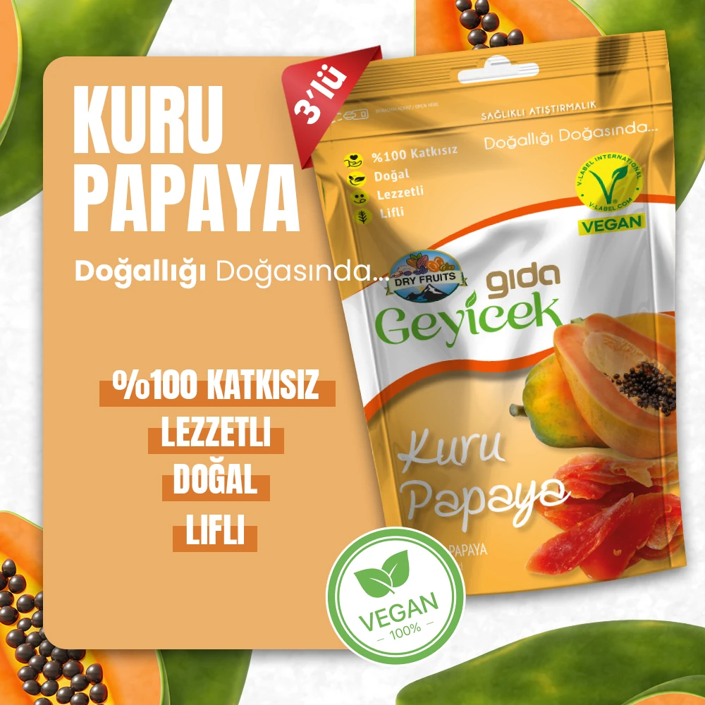 Geyicek Gıda 3'lü Kurutulmuş Papaya 30 Gr