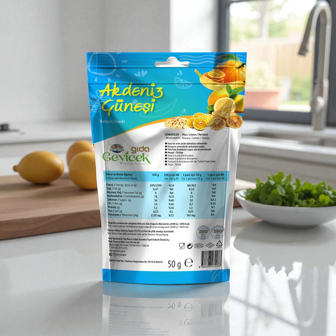 Geyicek Gıda Akdeniz Güneşi Kurutulmuş Meyveler 50 Gr (Portakal/Limon/Muz)