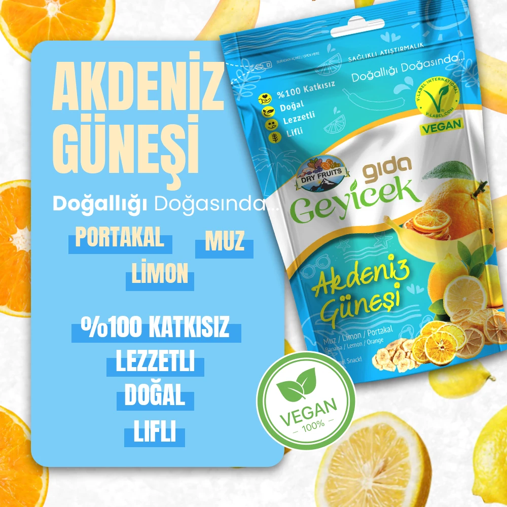 Geyicek Gıda Akdeniz Güneşi Kurutulmuş Meyveler 50 Gr (Portakal/Limon/Muz)